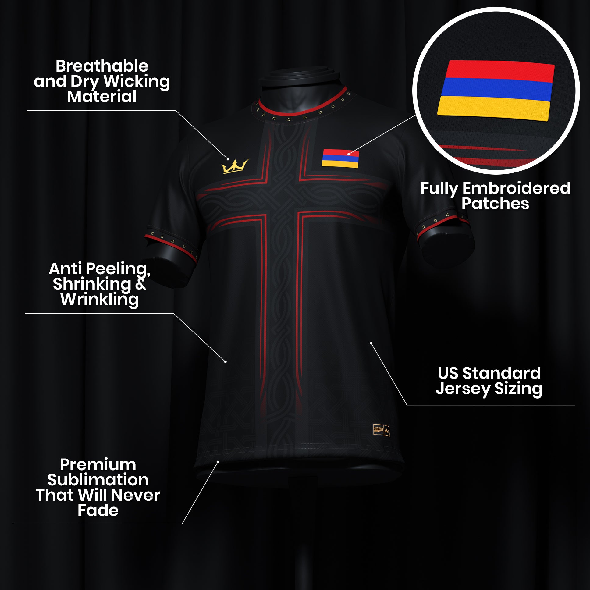 Armenia Heritage Custom Black Football Jersey Closeup Details