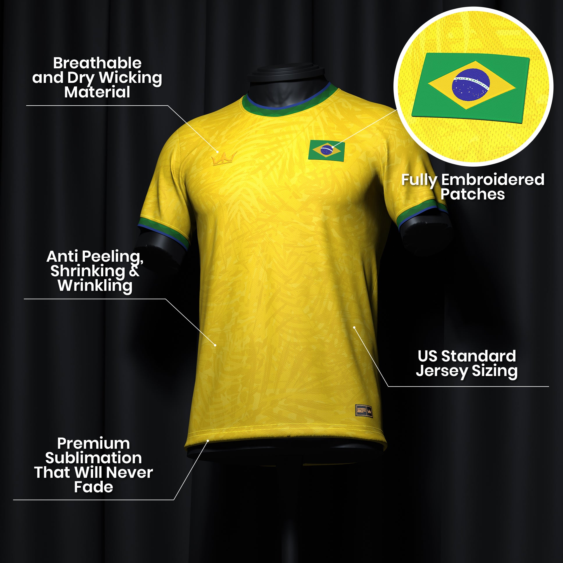 Brazil Heritage Custom Football Soccer Jersey Yellow Closeup Details
