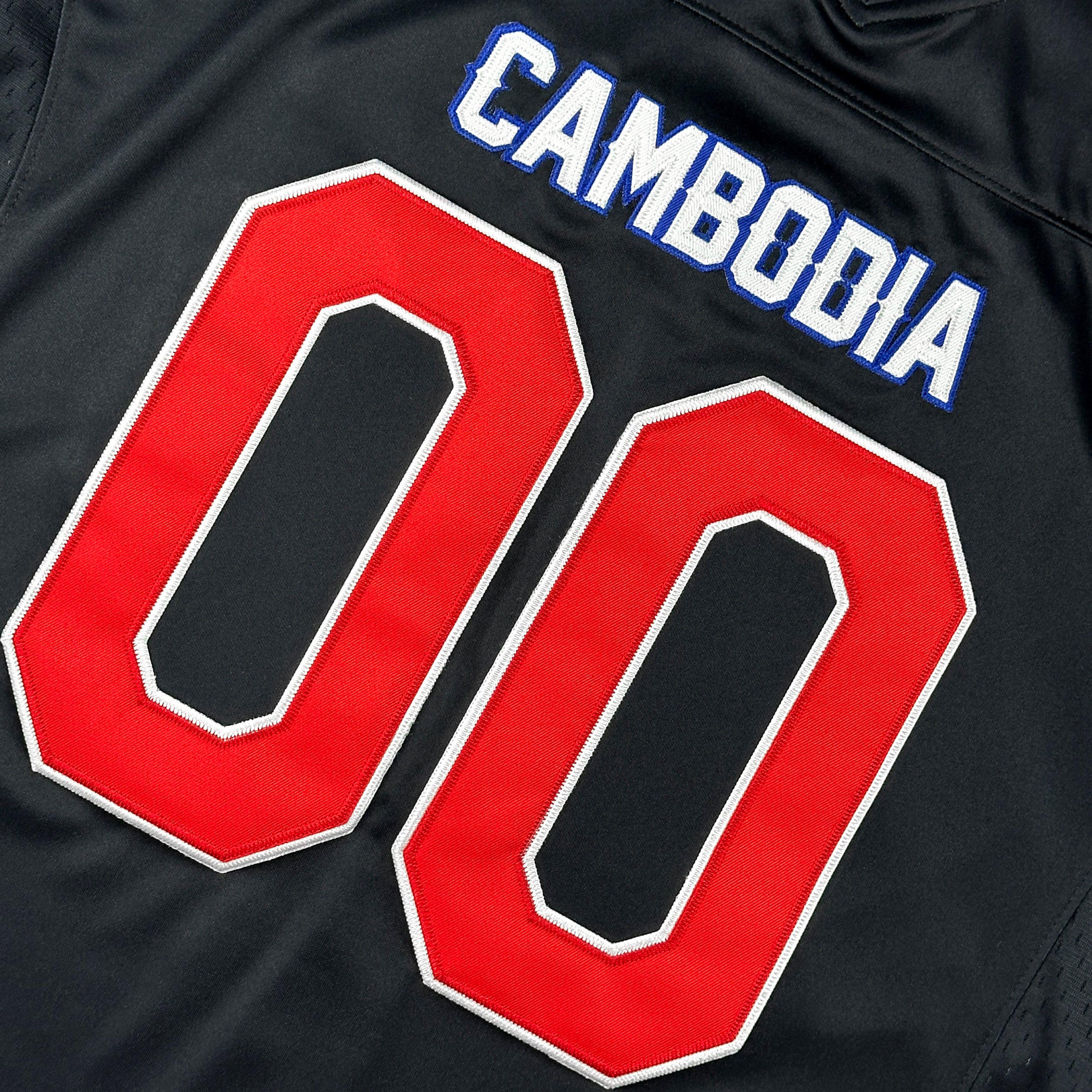 Cambodia Heritage Black Custom American Football Jersey Embroidered Closeup Front