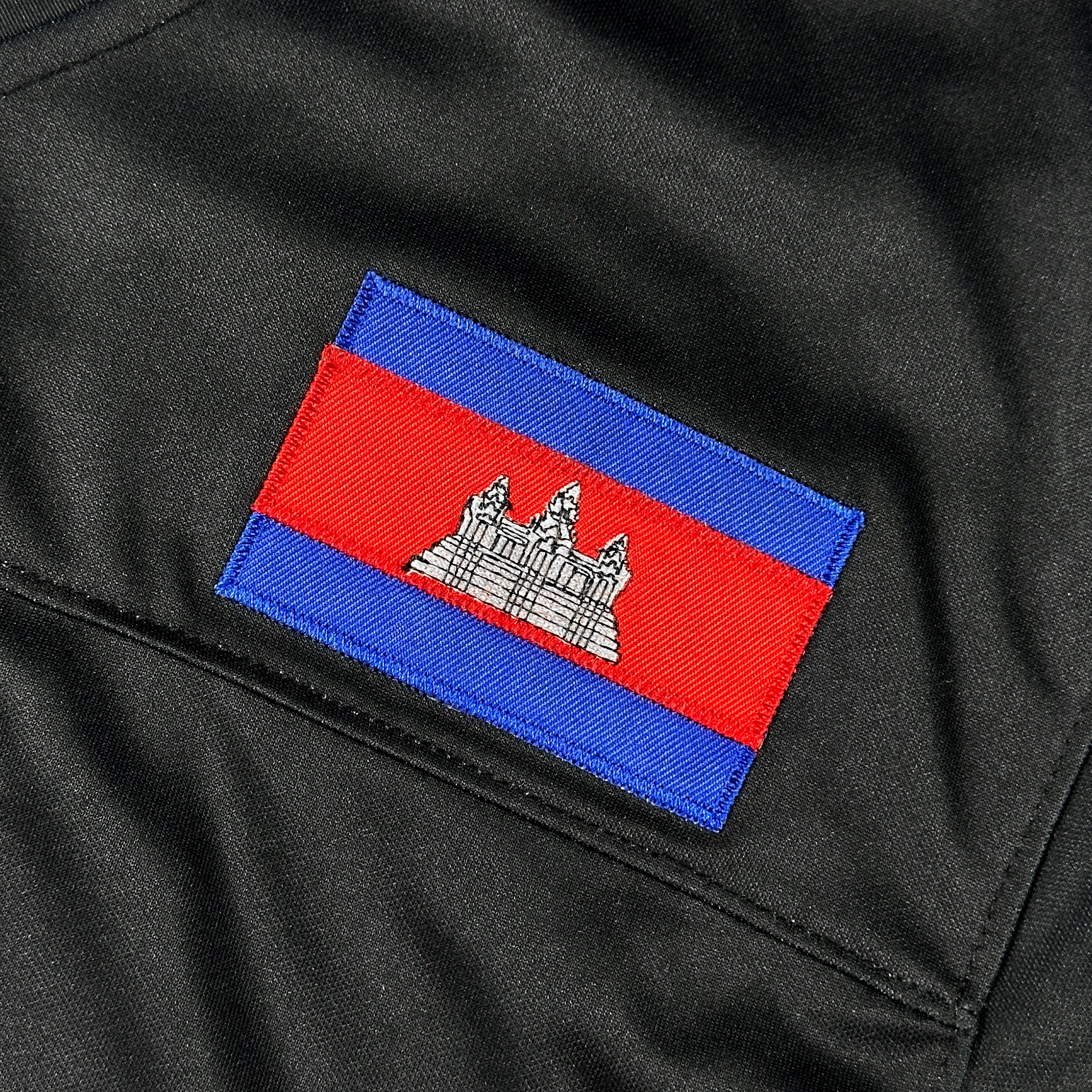 Cambodia Heritage Black Custom American Football Jersey Embroidered Flag Closeup