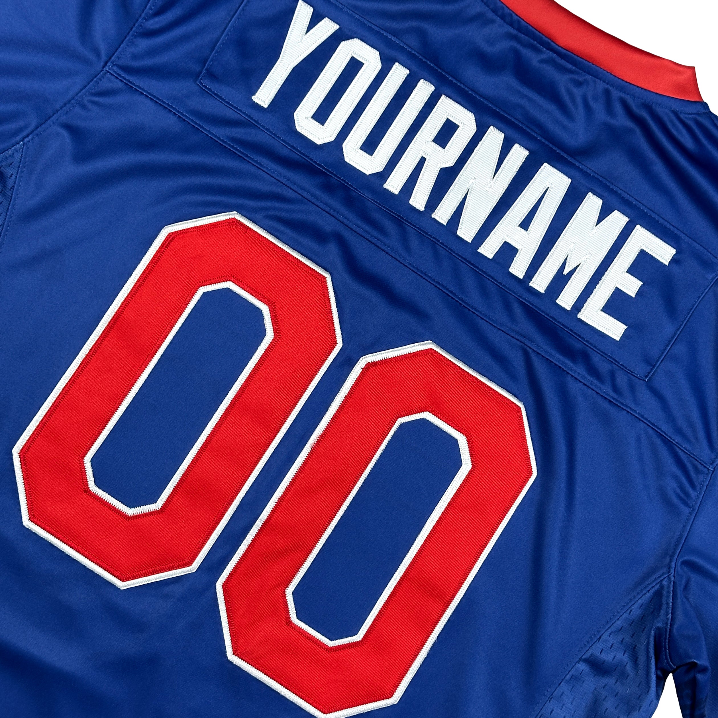 Cambodia Heritage Blue Custom American Football Jersey Embroidered Closeup Back Stitched Customized Name and Number