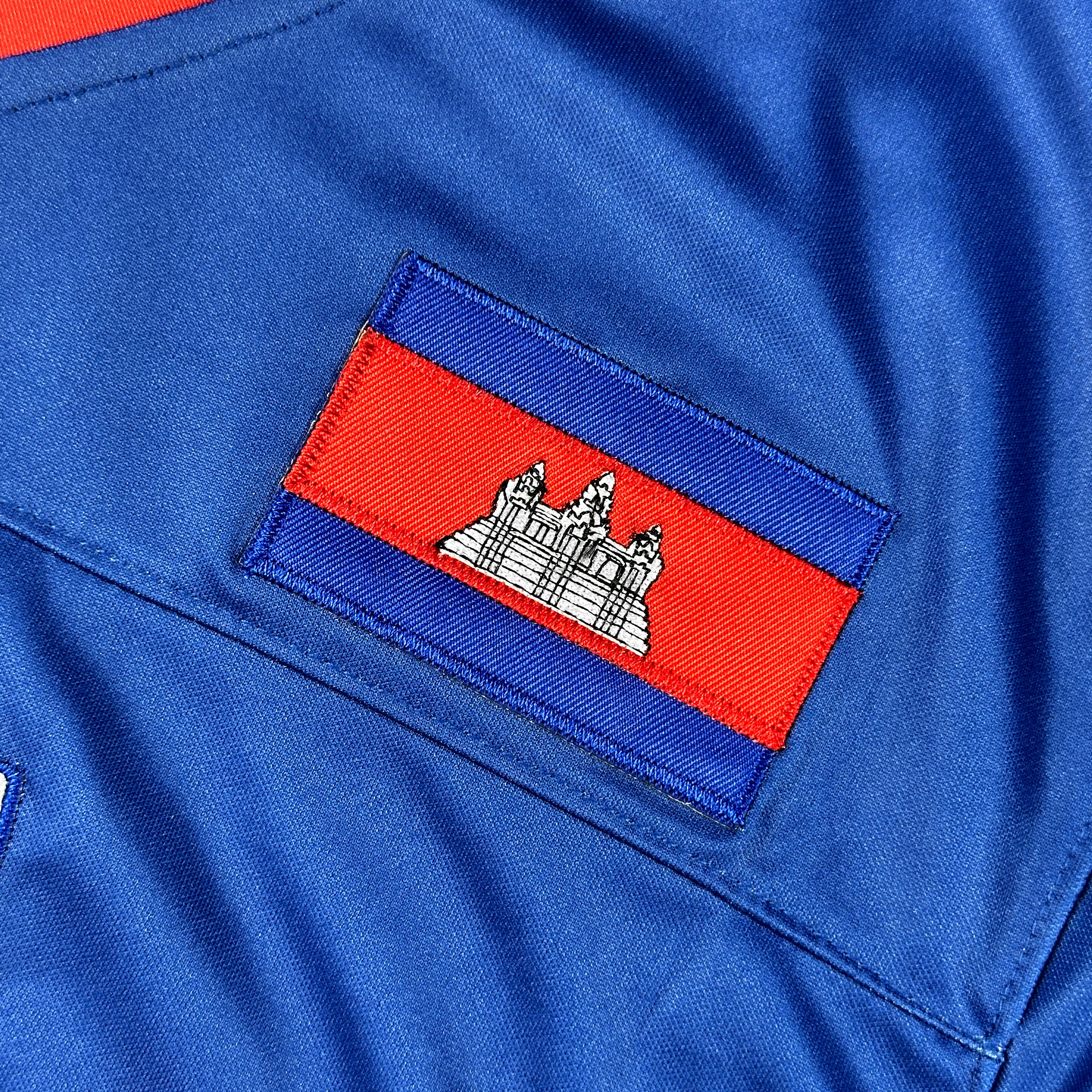 Cambodia Heritage Blue Custom American Football Jersey Embroidered Closeup Flag