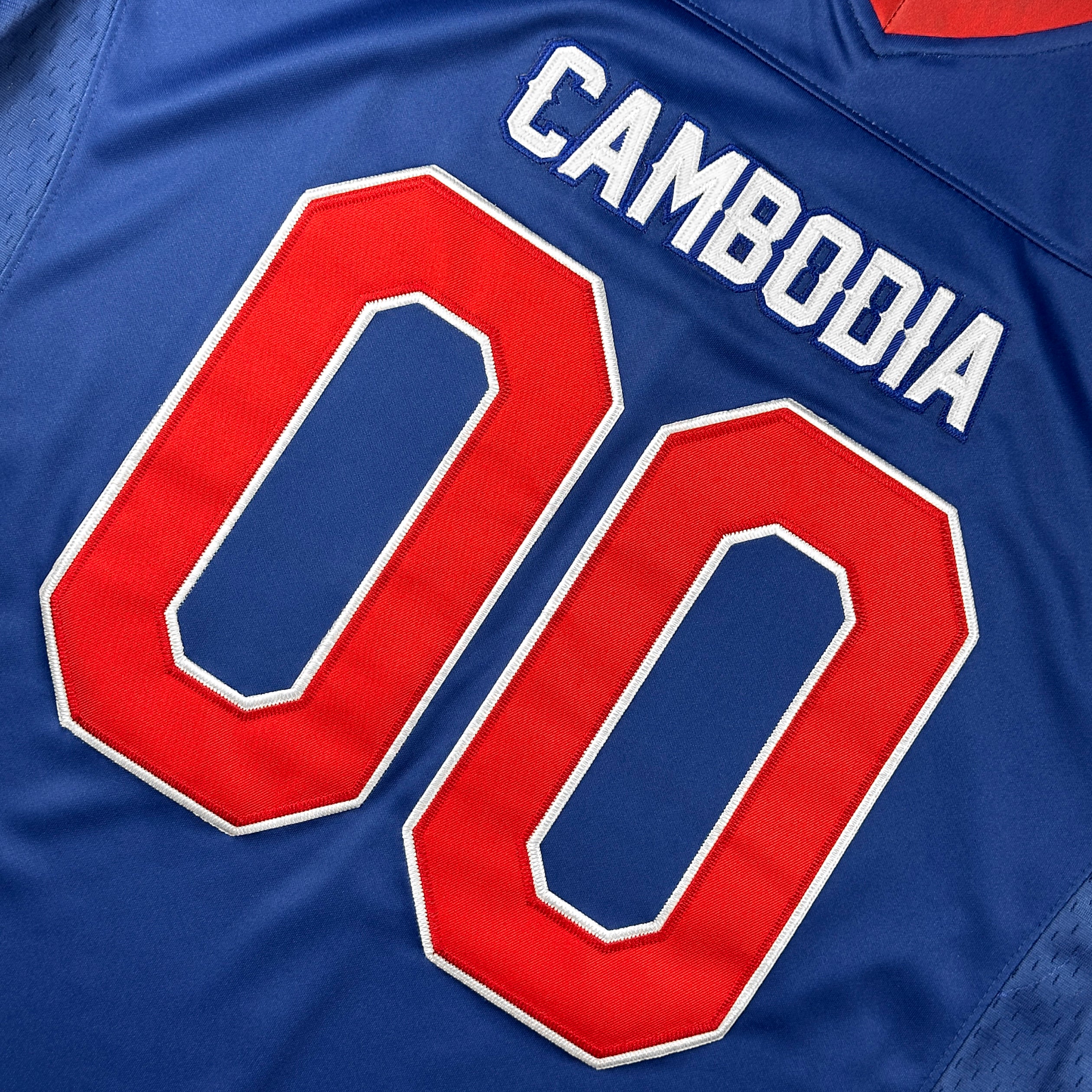 Cambodia Heritage Blue Custom American Football Jersey Embroidered Closeup Front