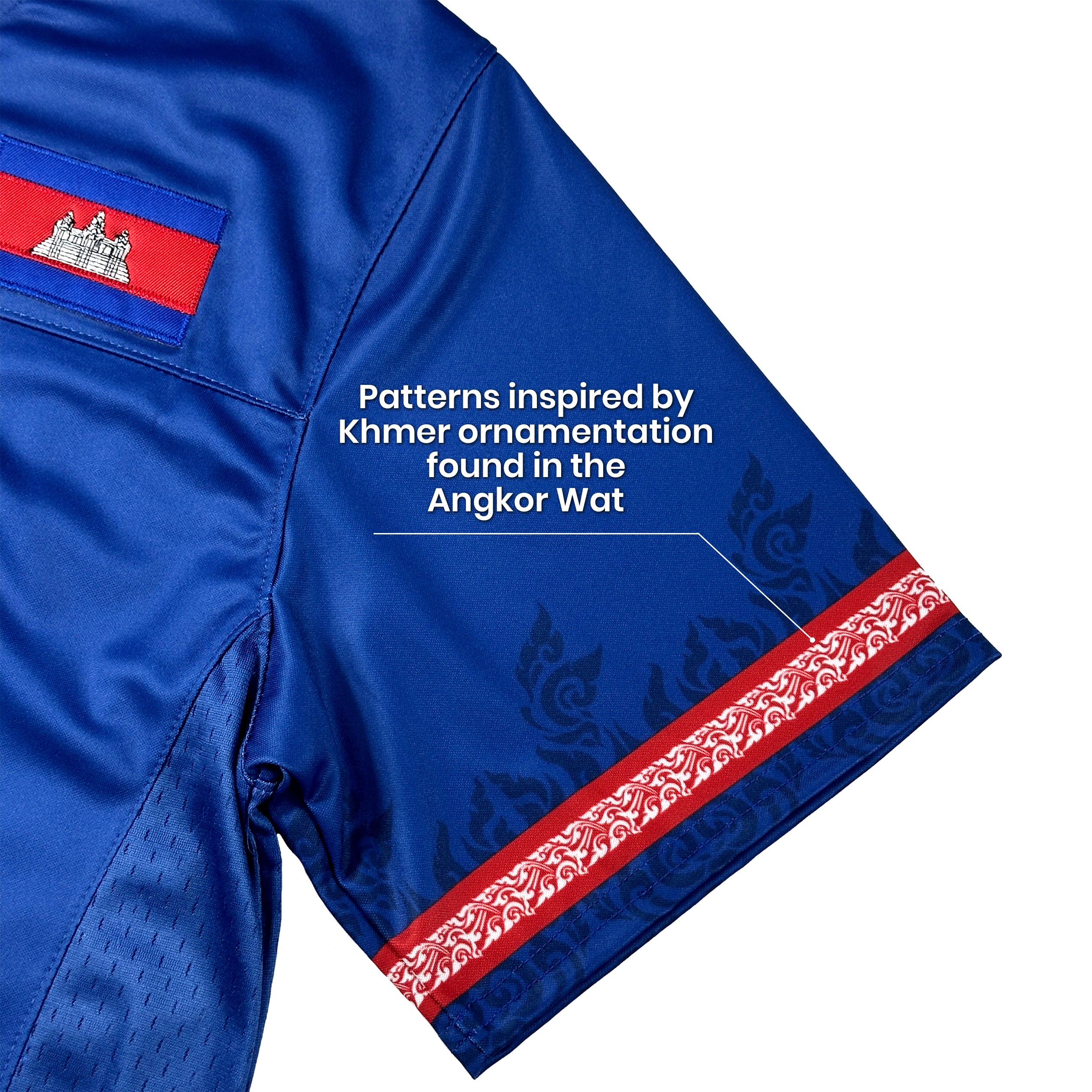 Cambodia Heritage Blue Custom American Football Jersey Embroidered Closeup Sleeves Khmer Angkor Wat Details