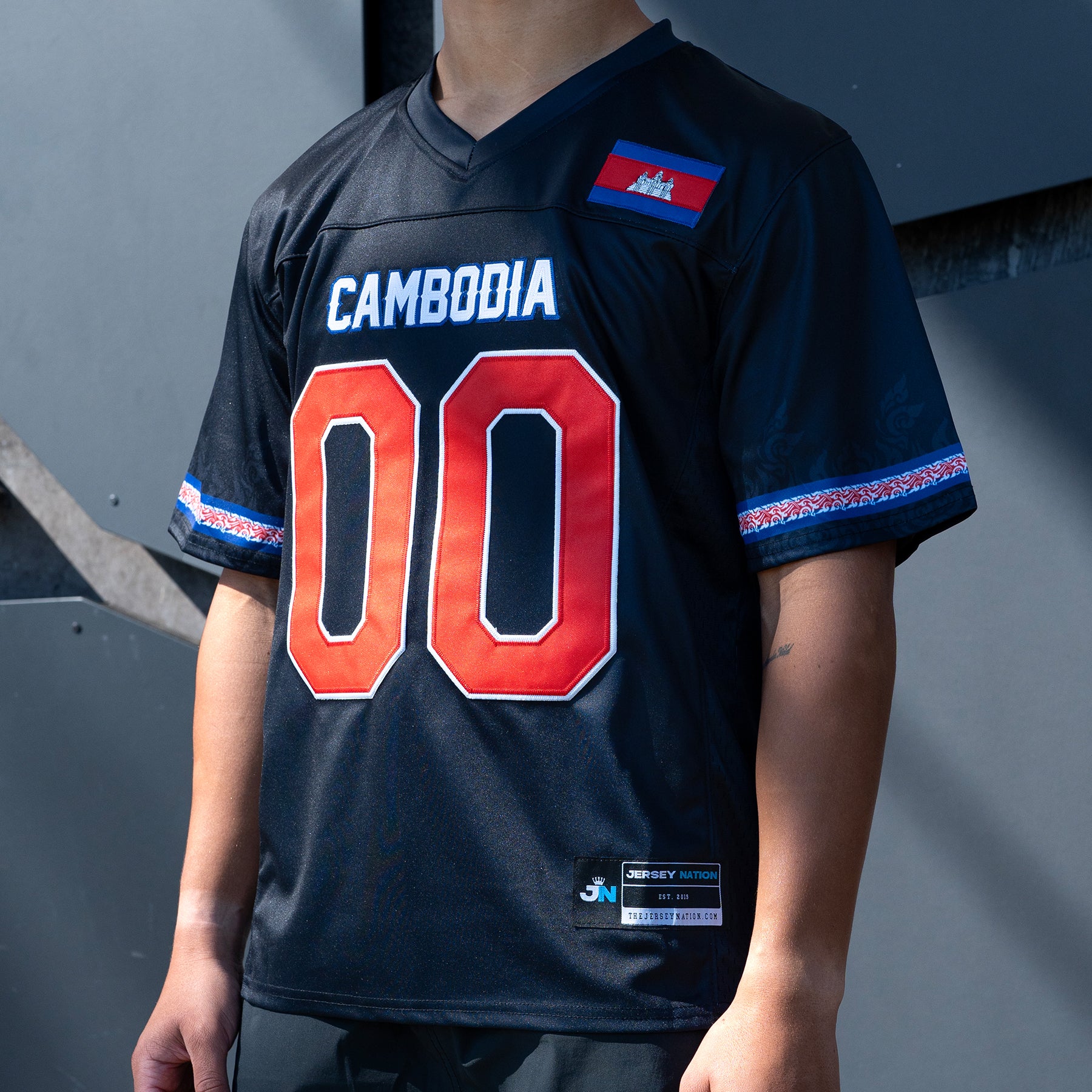 Cambodia Heritage Custom American Football Black Jersey Model Embroidered Closeup