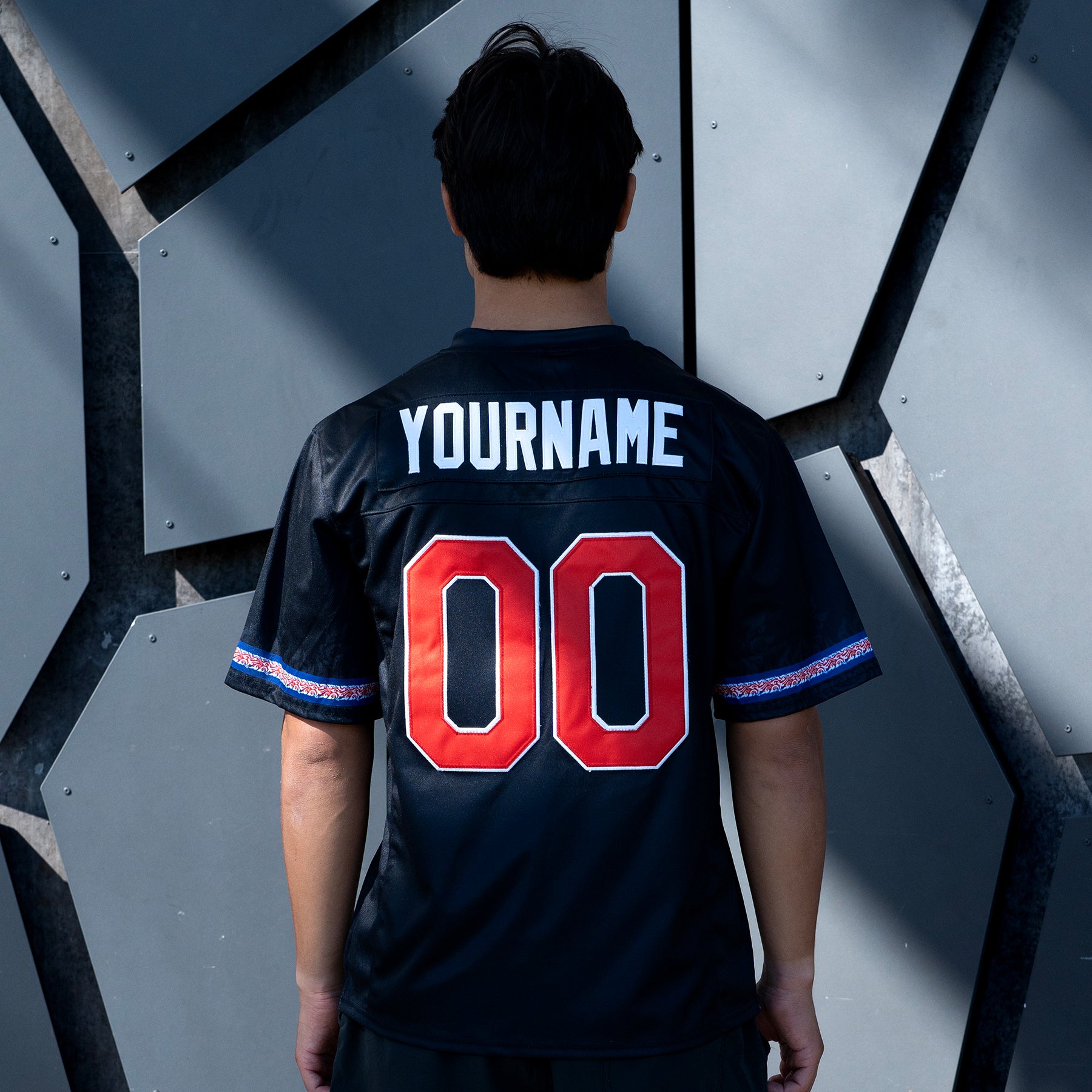 Cambodia Heritage Custom American Football Black Jersey Model Embroidered Closeup Back Customized