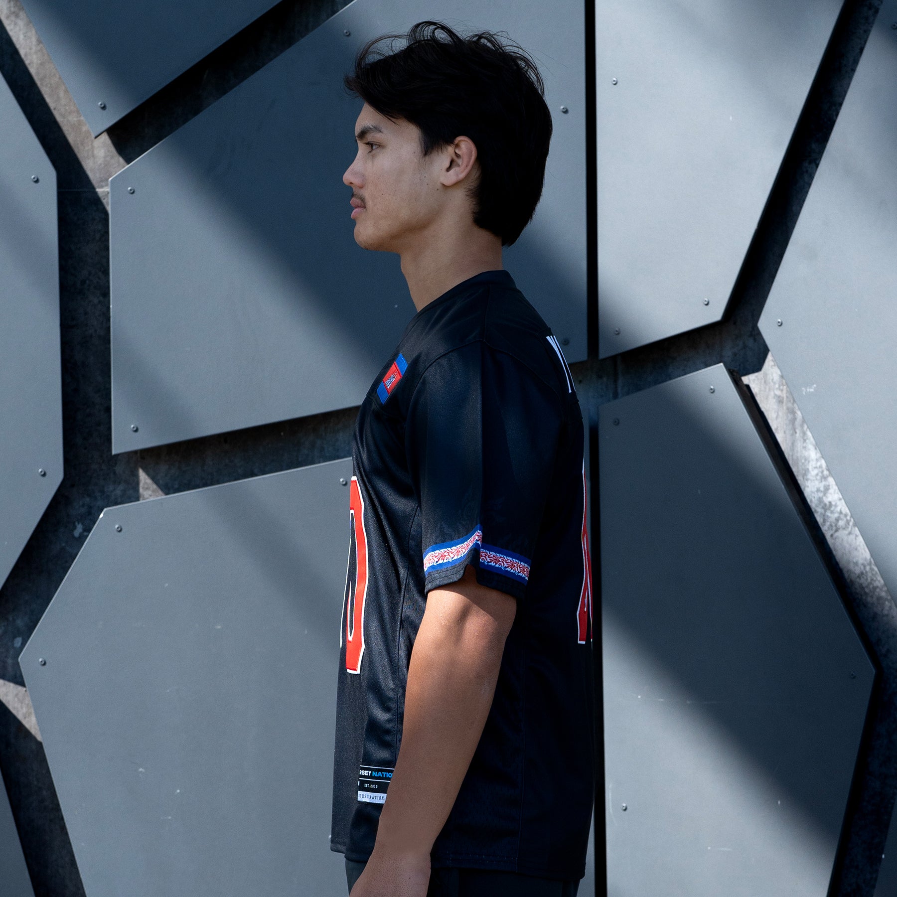 Cambodia Heritage Custom American Football Black Jersey Model Embroidered Closeup Sleeves