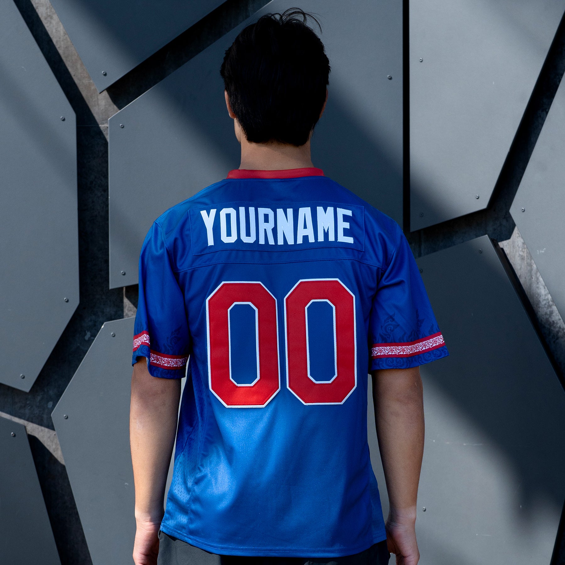 Cambodia Heritage Custom American Football Blue Jersey Model Embroidered Closeup Back Khmer Customized
