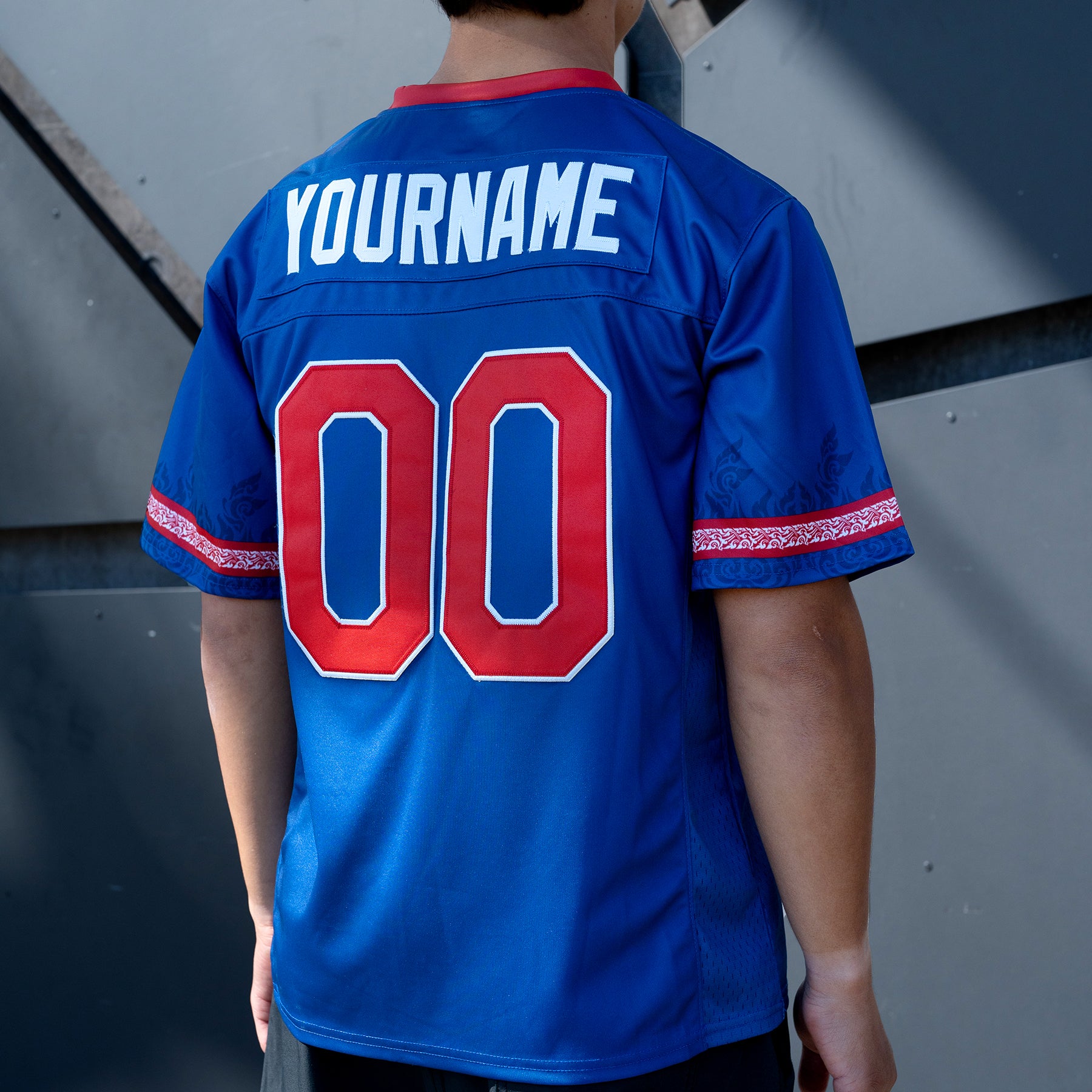 Cambodia Heritage Custom American Football Blue Jersey Model Embroidered Closeup Khmer Customized