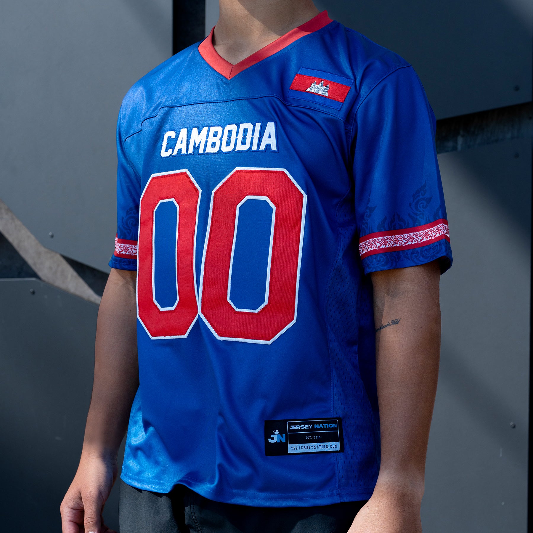 Cambodia Heritage Custom American Football Blue Jersey Model Embroidered Closeup Sleeves Khmer
