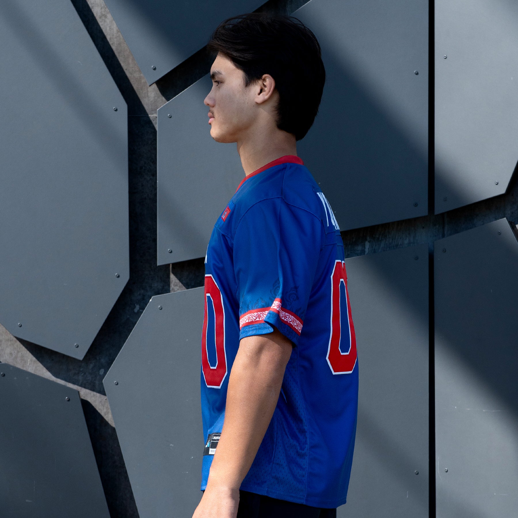 Cambodia Heritage Custom American Football Blue Jersey Model Embroidered Closeup Sleeves Khmer