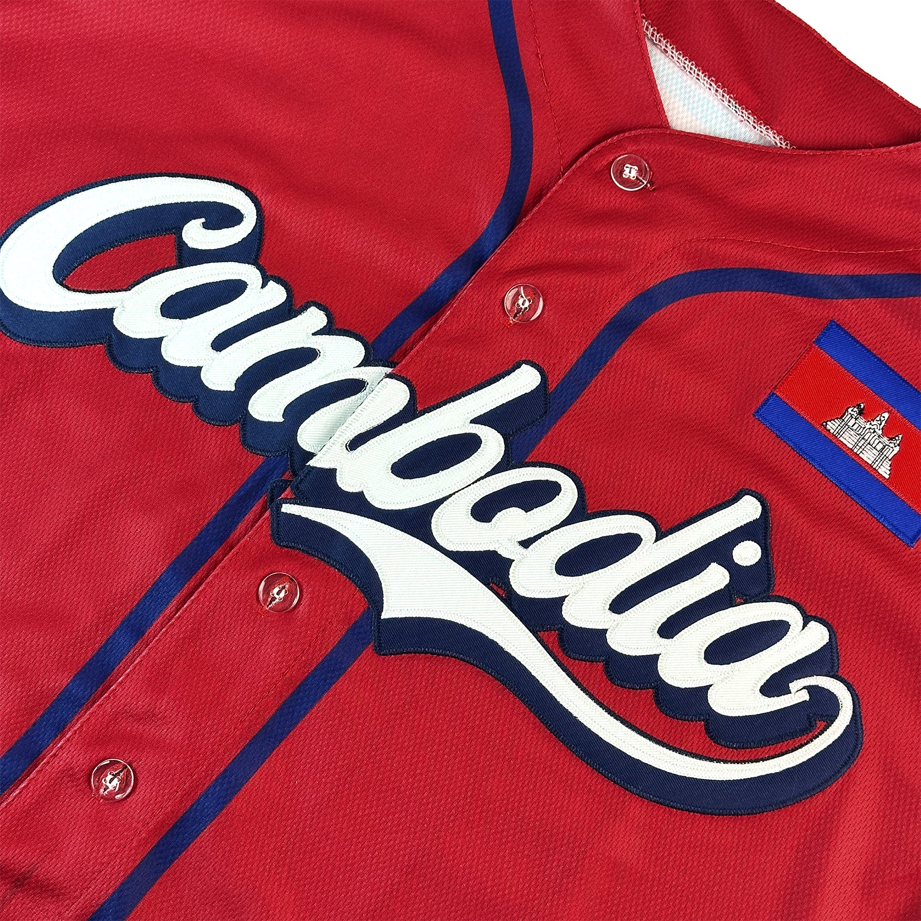 Cambodia Heritage Custom Baseball Red Jersey Closeup Embroidered