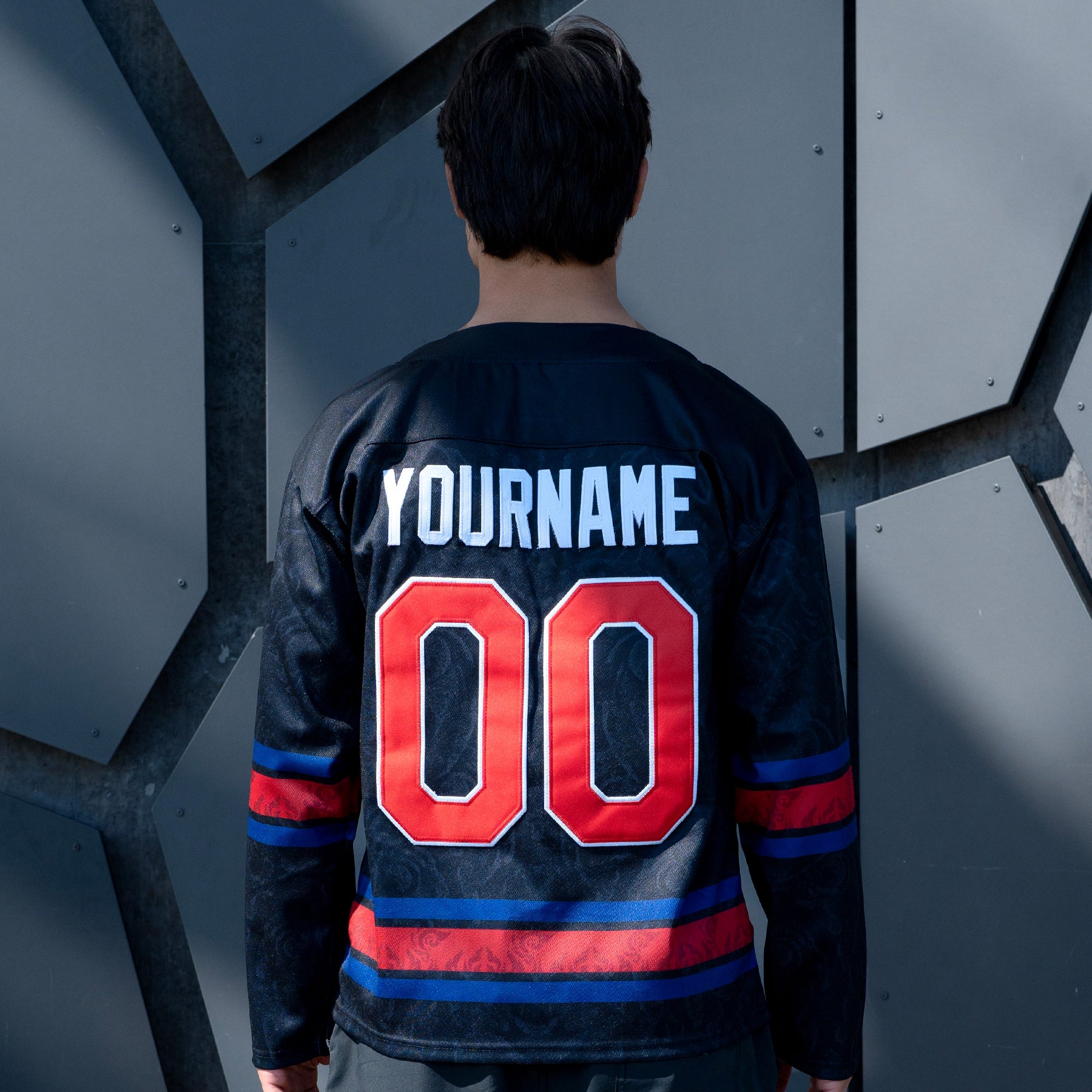 Cambodia Heritage Custom Black Hockey Jersey Embroidered Closeup Model Back Customized