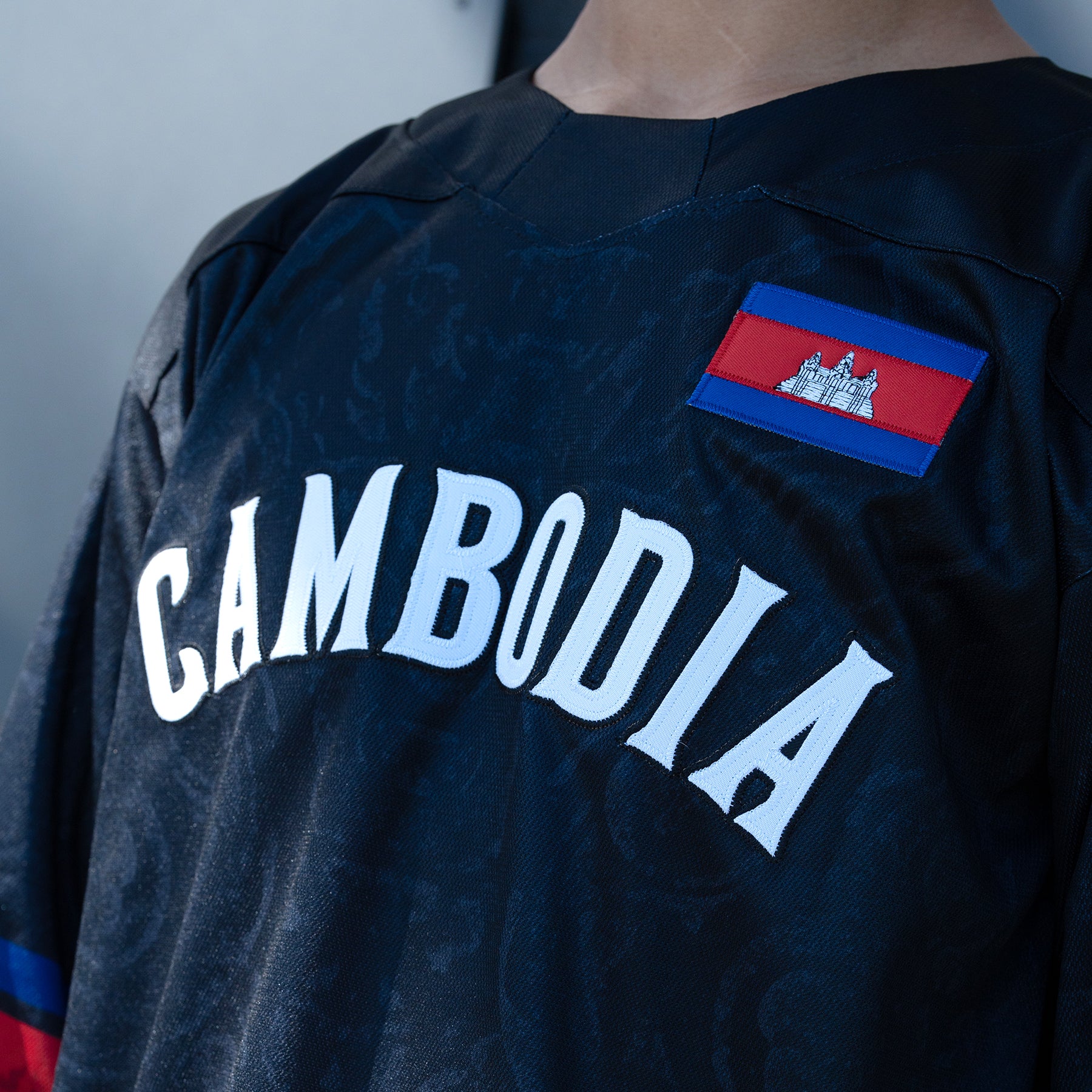 Cambodia Heritage Custom Black Hockey Jersey Embroidered Closeup Model Front