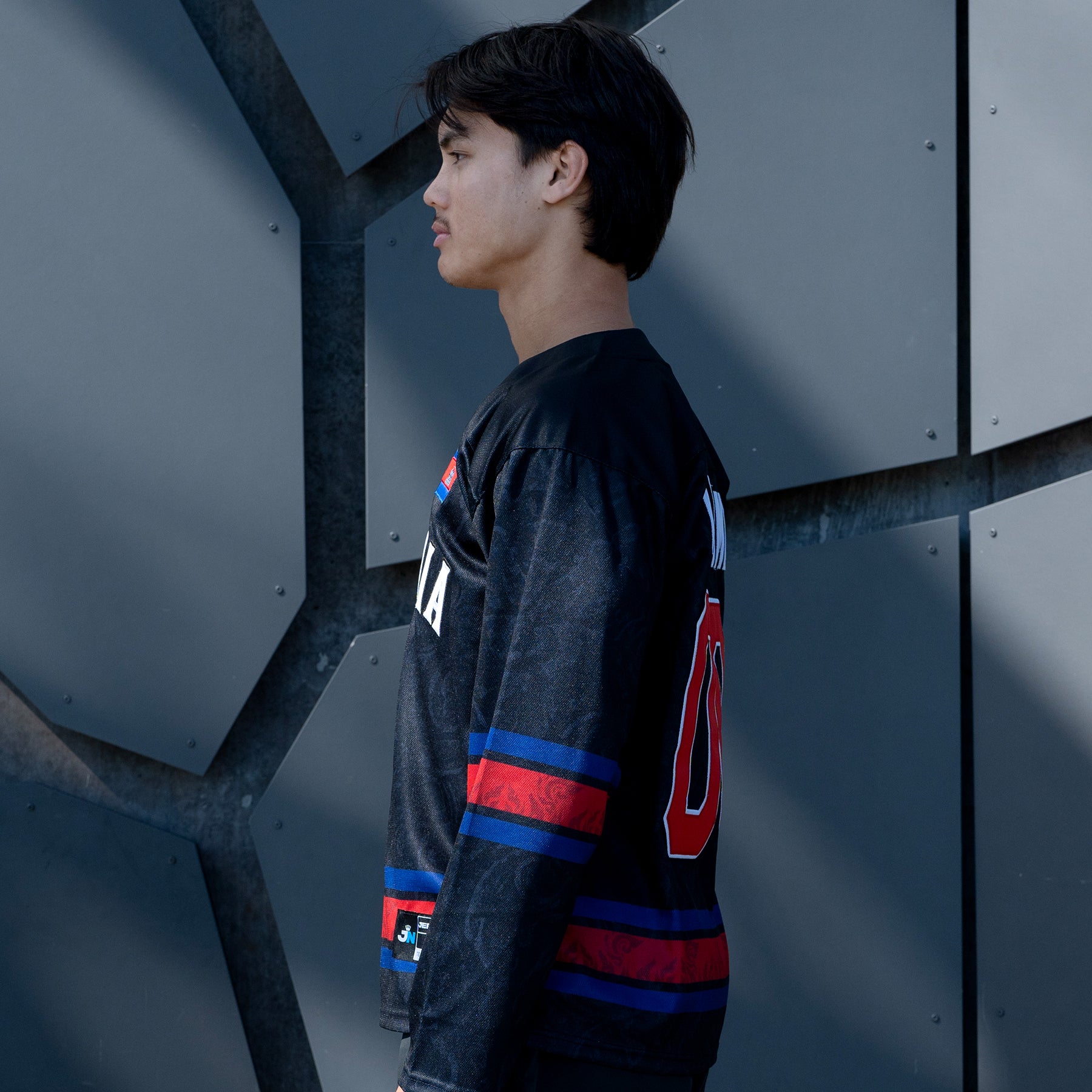 Cambodia Heritage Custom Black Hockey Jersey Embroidered Closeup Model Sleeves