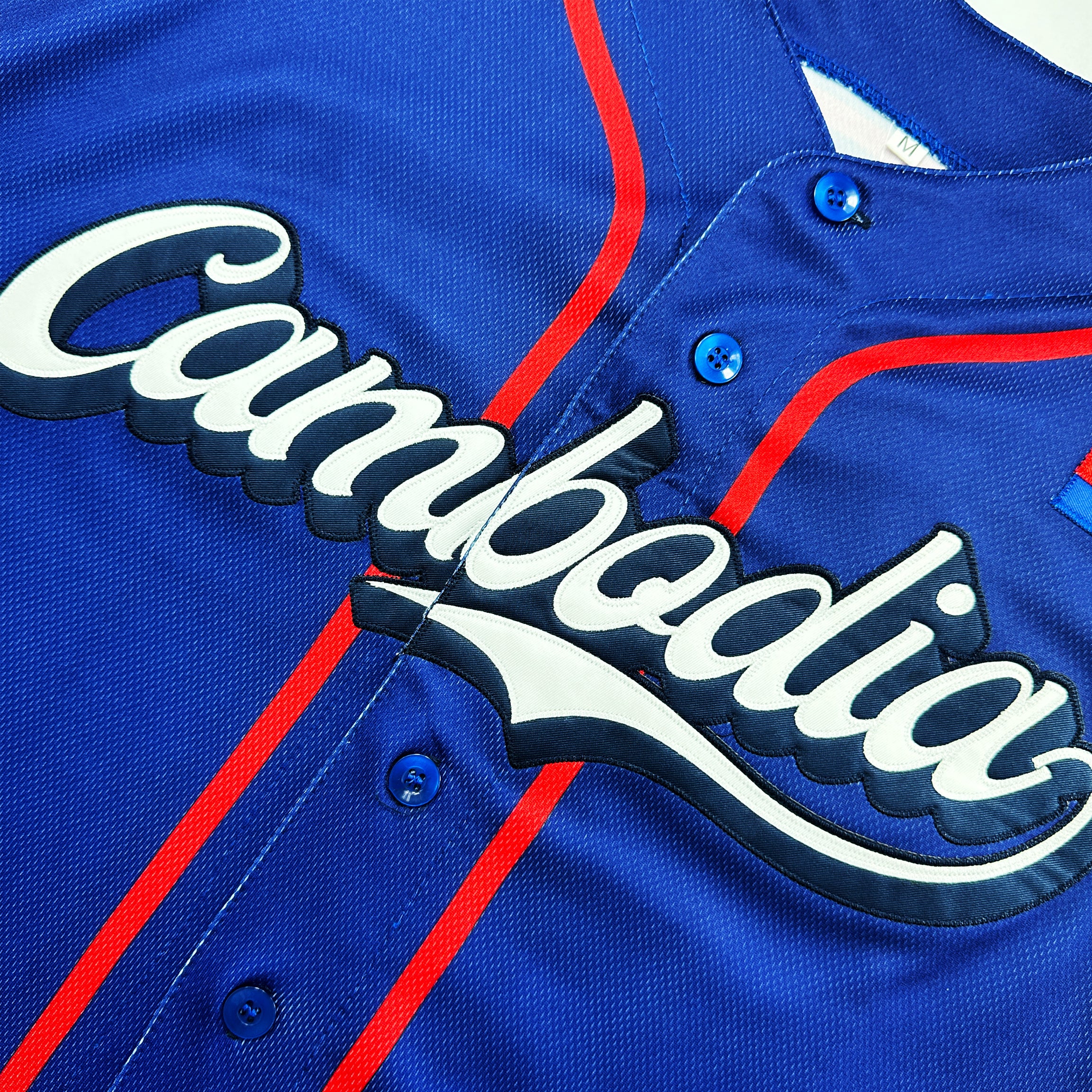Cambodia Heritage Custom Blue Baseball Jersey Embroidered Closeup Front 
