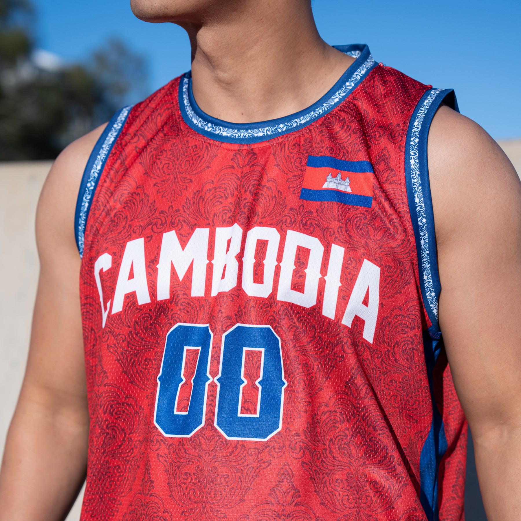 Cambodia Heritage Red Custom Basketball Jersey Closeup