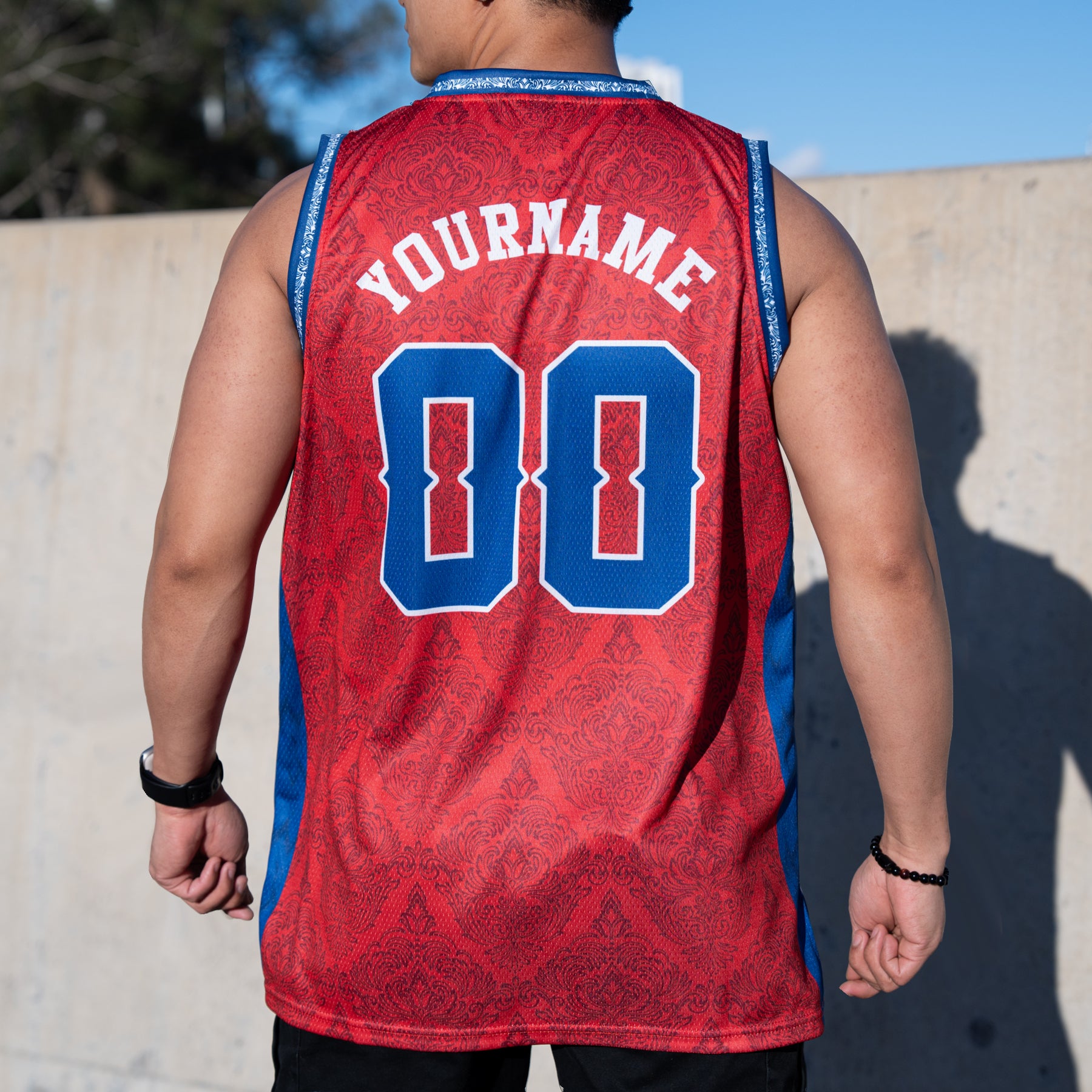 Cambodia Heritage Red Custom Basketball Jersey Closeup Back