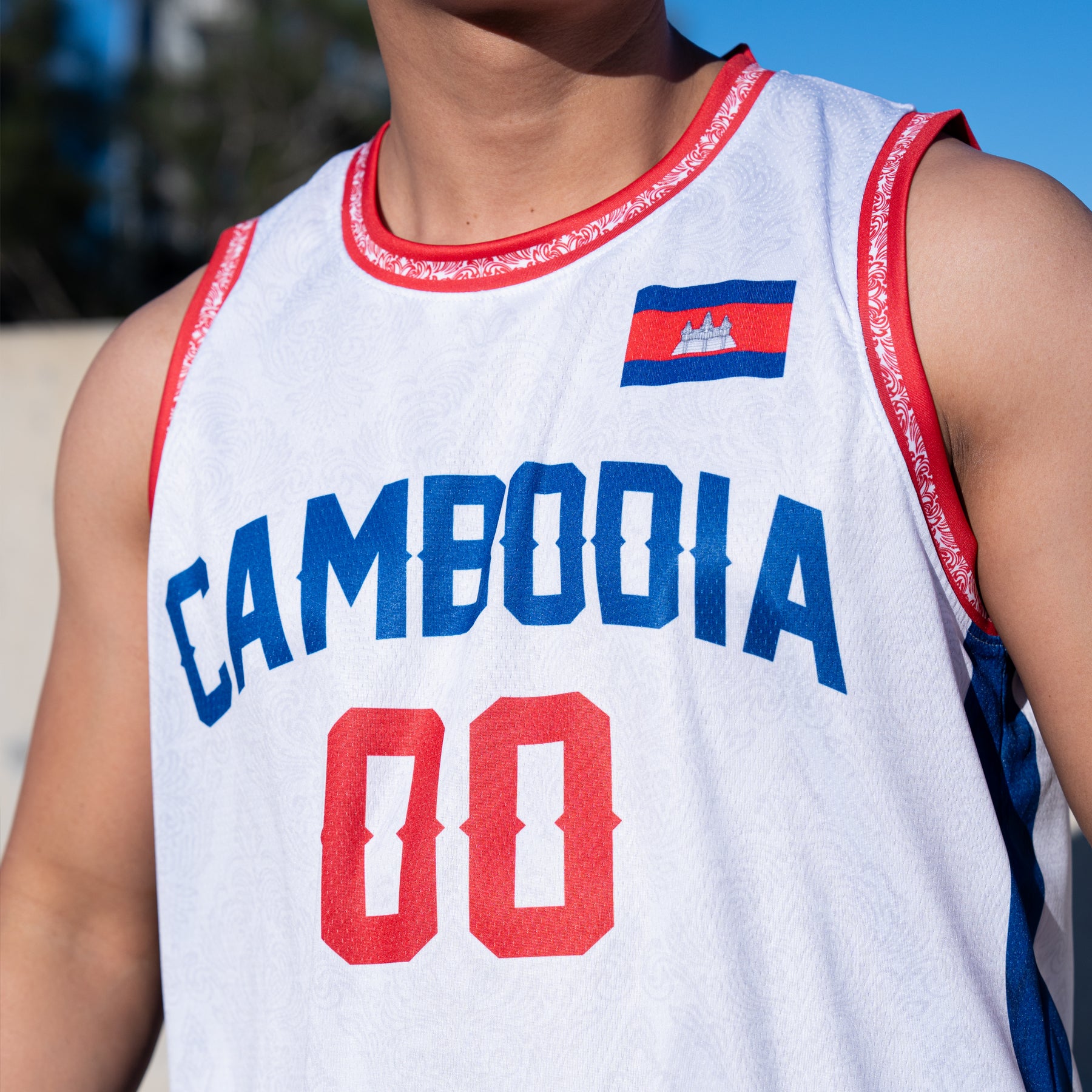 Cambodia Heritage White Custom Basketball Jersey Closeup