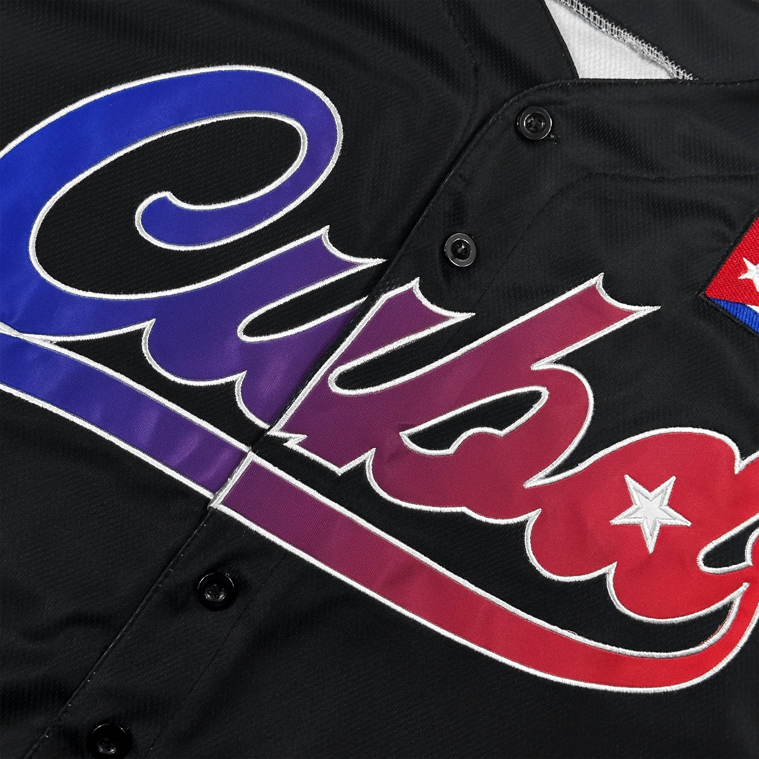 Cuba Heritage Custom Black Baseball Jersey Embroidered Closeup Front