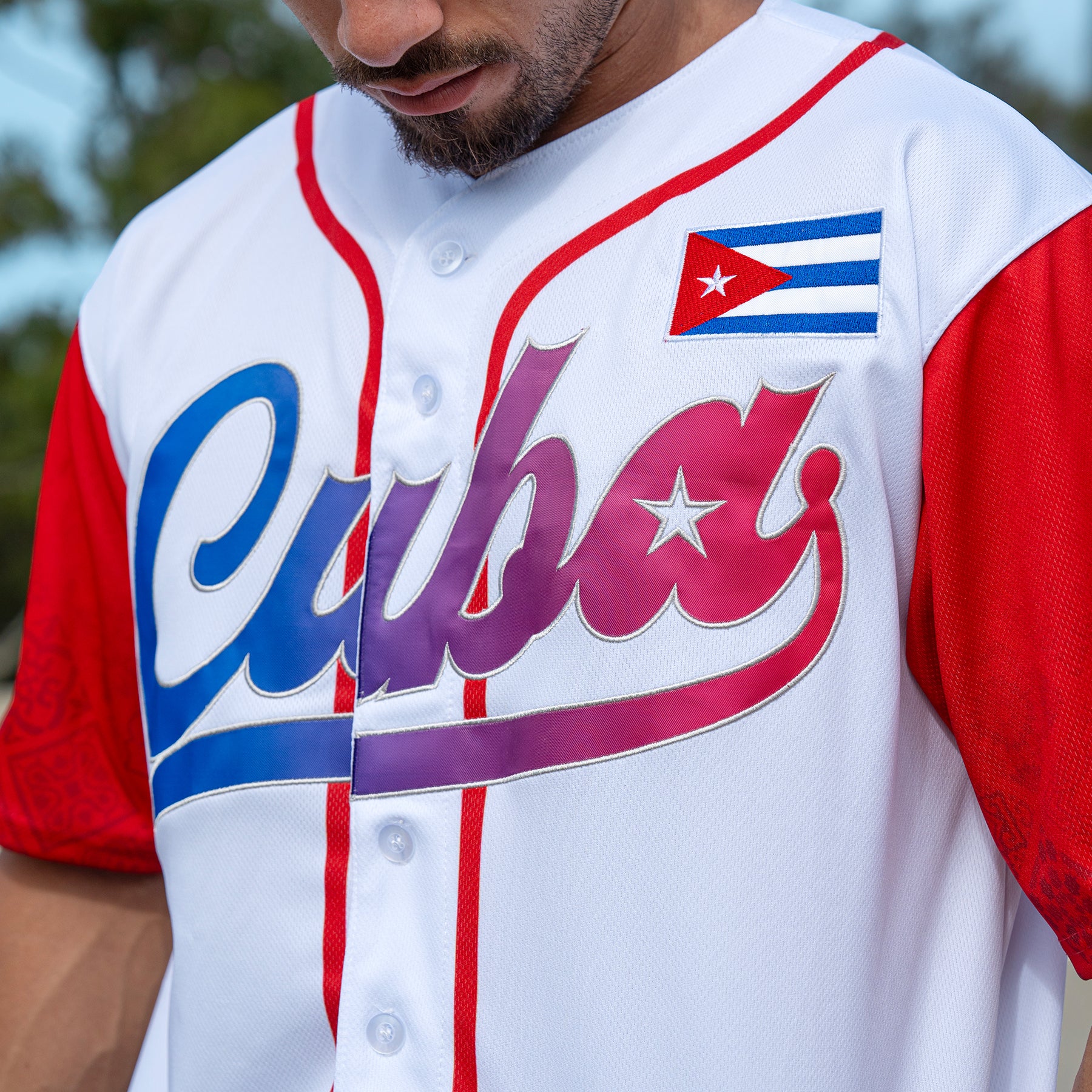 Cuba Heritage Custom White Baseball Jersey Model Styling Closeup Embroidered