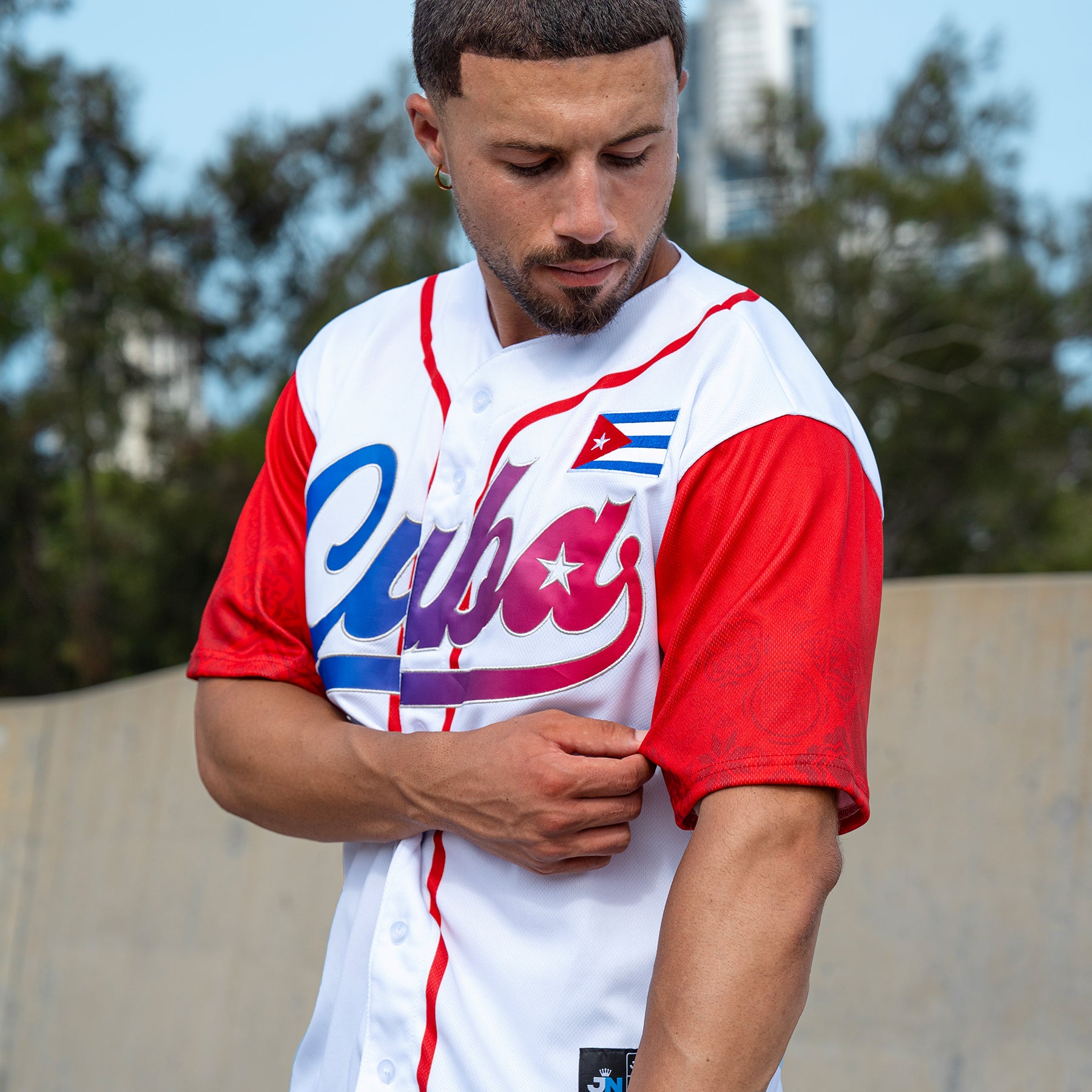 Cuba Heritage Custom White Baseball Jersey Model Styling Sleeves Closeup Embroidered