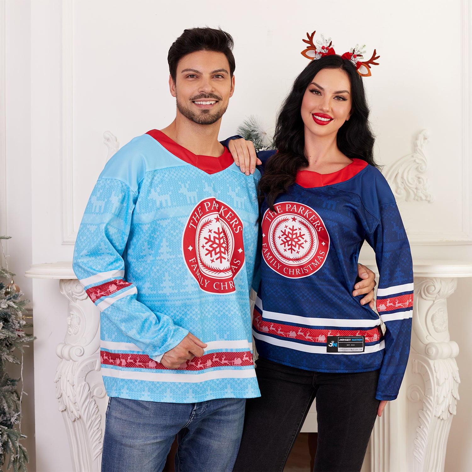 Custom Family Christmas Sweater Blue personalized last name on front, custom name and number on back. holiday matching outfit Hockey Jersey Ugly Christmas Sweater Models 