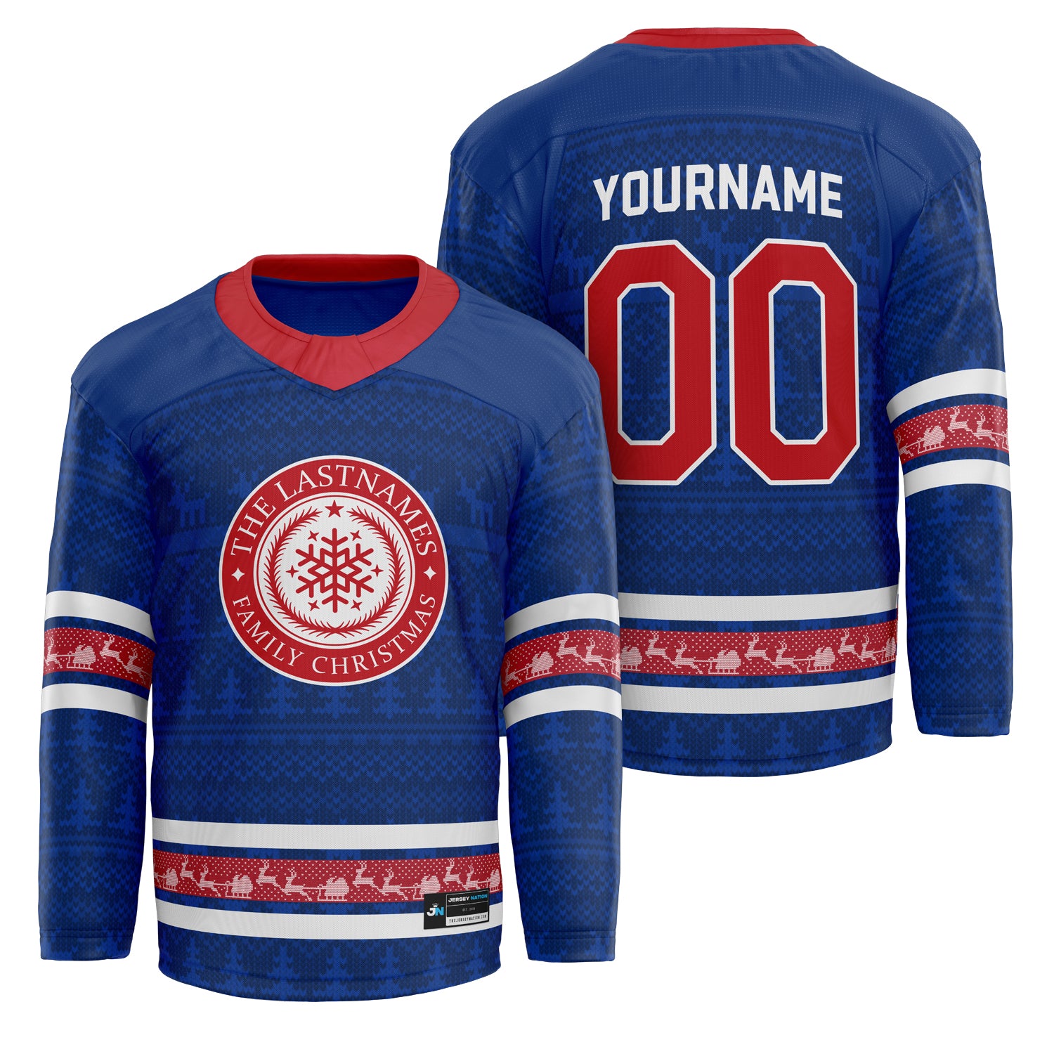 Custom Family Christmas Sweater in Blue personalized last name on front, custom name and number on back. holiday matching outfit Hockey Jersey Ugly Christmas Sweater