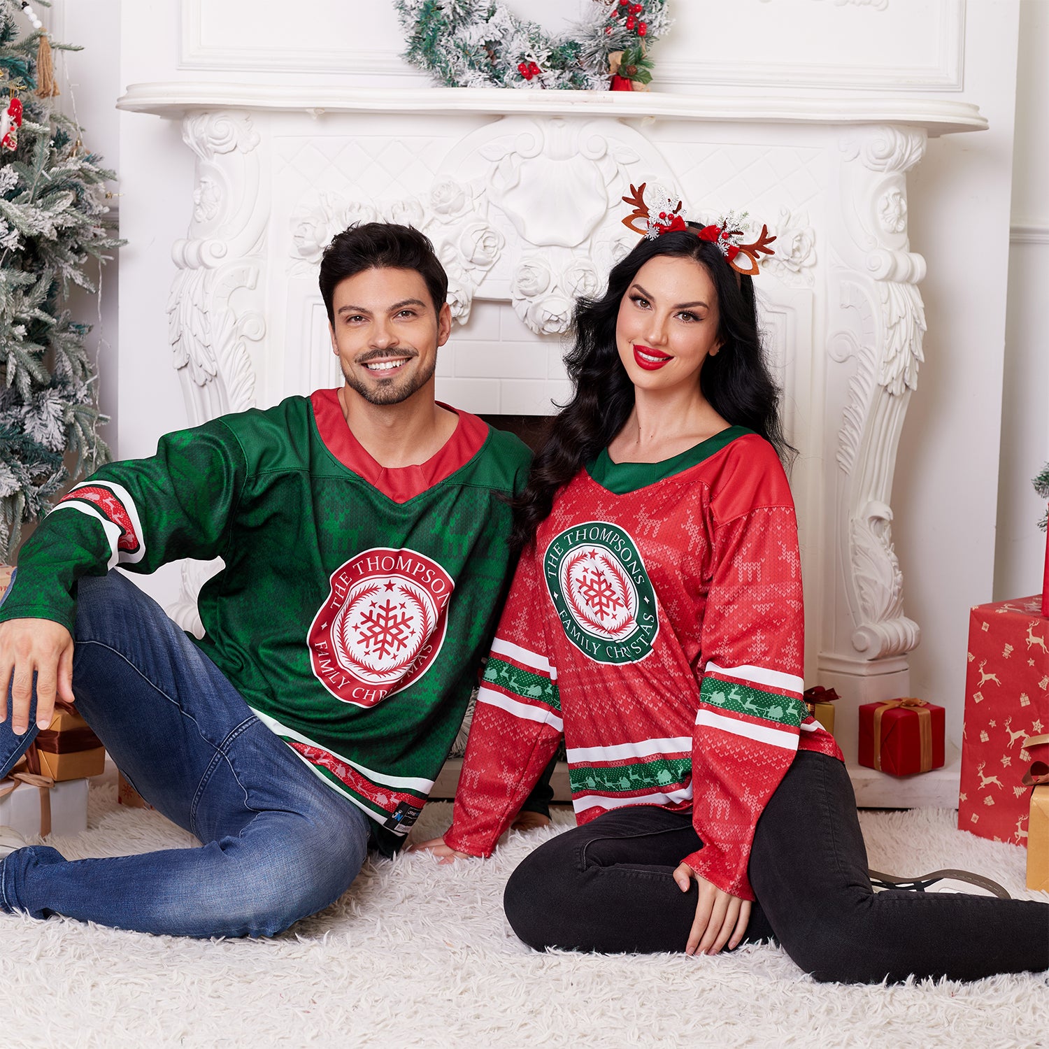 Custom Family Christmas Sweater in Green personalized last name on front, custom name and number on back. holiday matching outfit Hockey Jersey Ugly Christmas Sweater Families