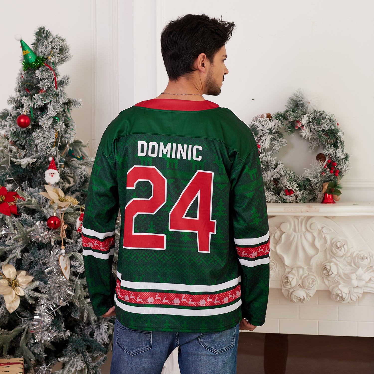 Custom Family Christmas Sweater in Green personalized last name on front, custom name and number on back. holiday matching outfit Hockey Jersey Ugly Christmas Sweater Model Back Customized