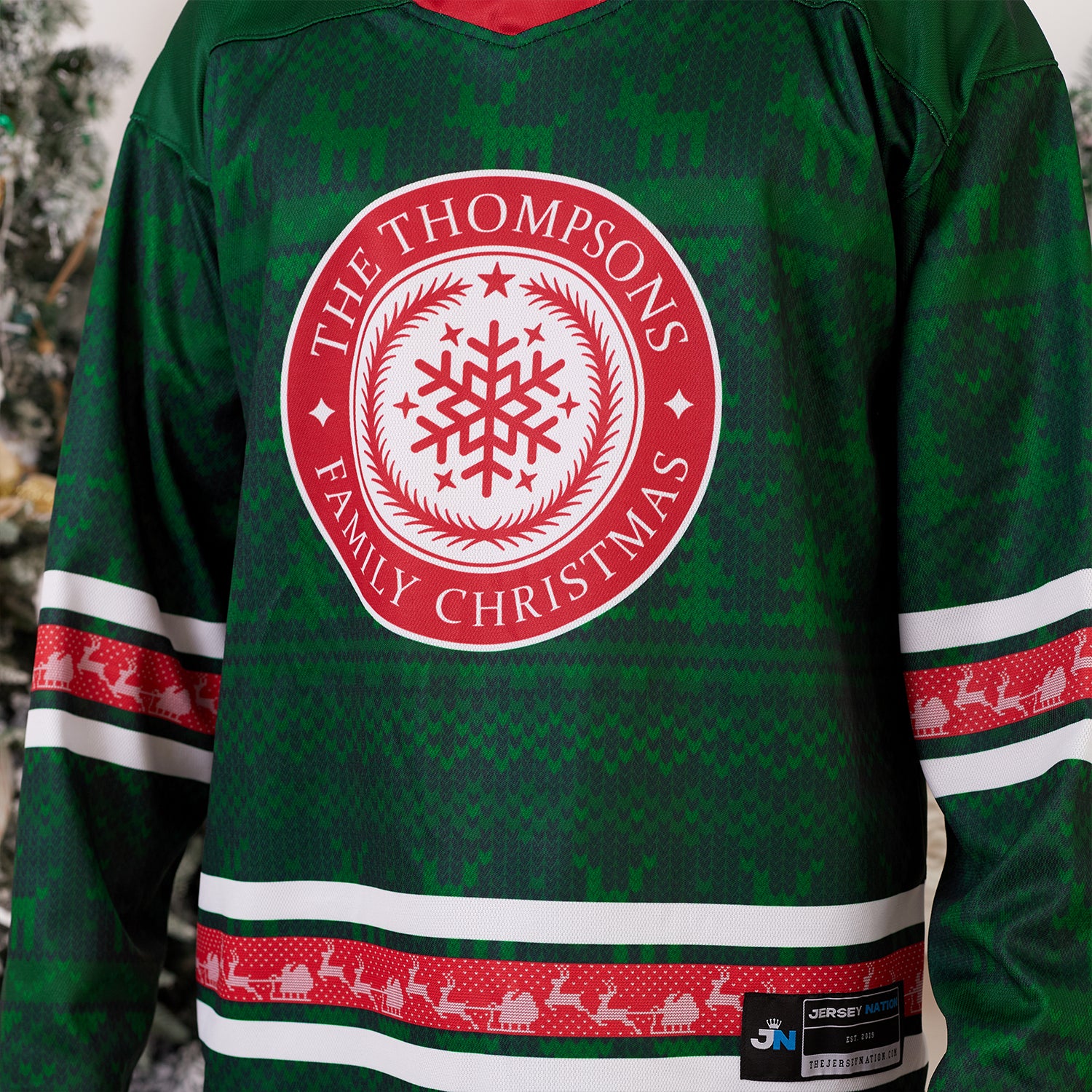 Custom Family Christmas Sweater in Green personalized last name on front, custom name and number on back. holiday matching outfit Hockey Jersey Ugly Christmas Sweater Model Closeup