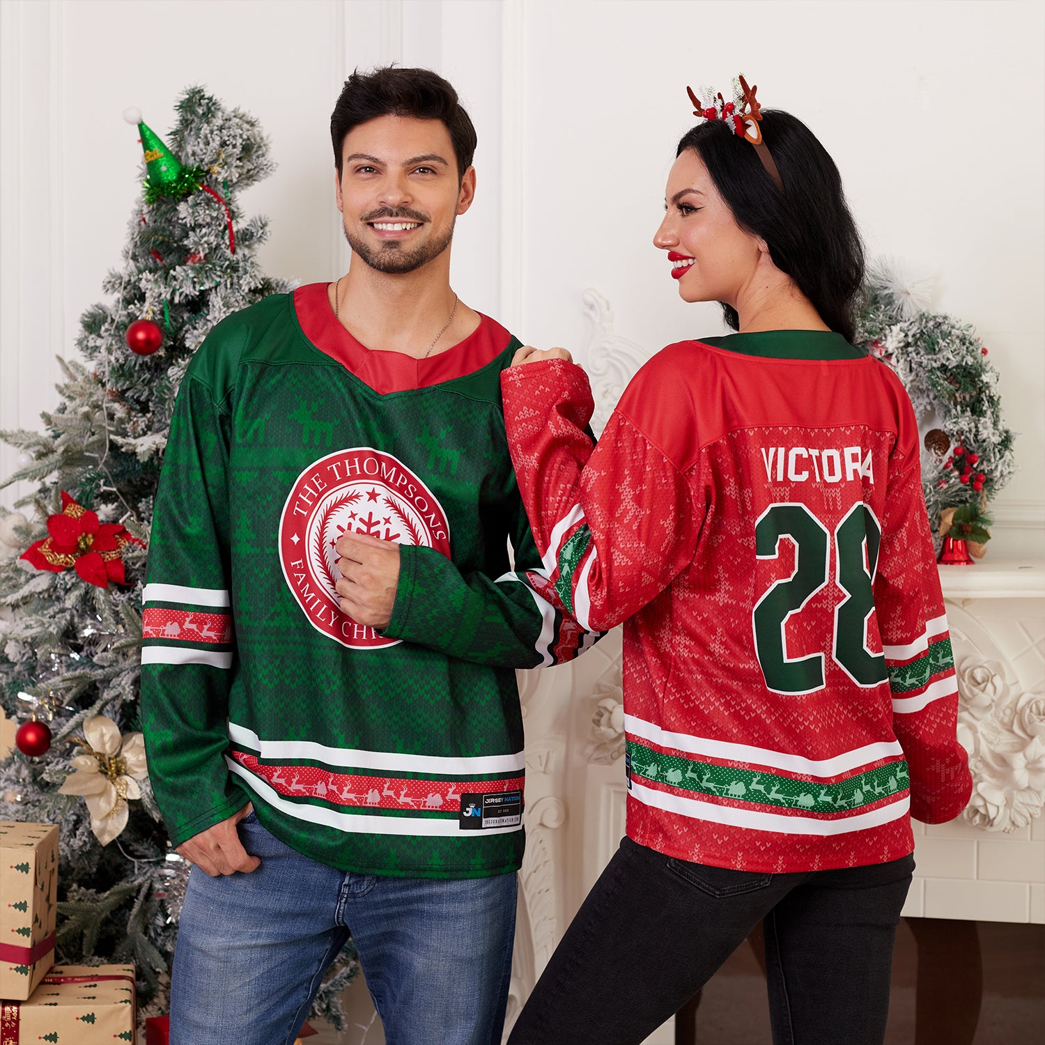 Custom Family Christmas Sweater in Green personalized last name on front, custom name and number on back. holiday matching outfit Hockey Jersey Ugly Christmas Sweater Models