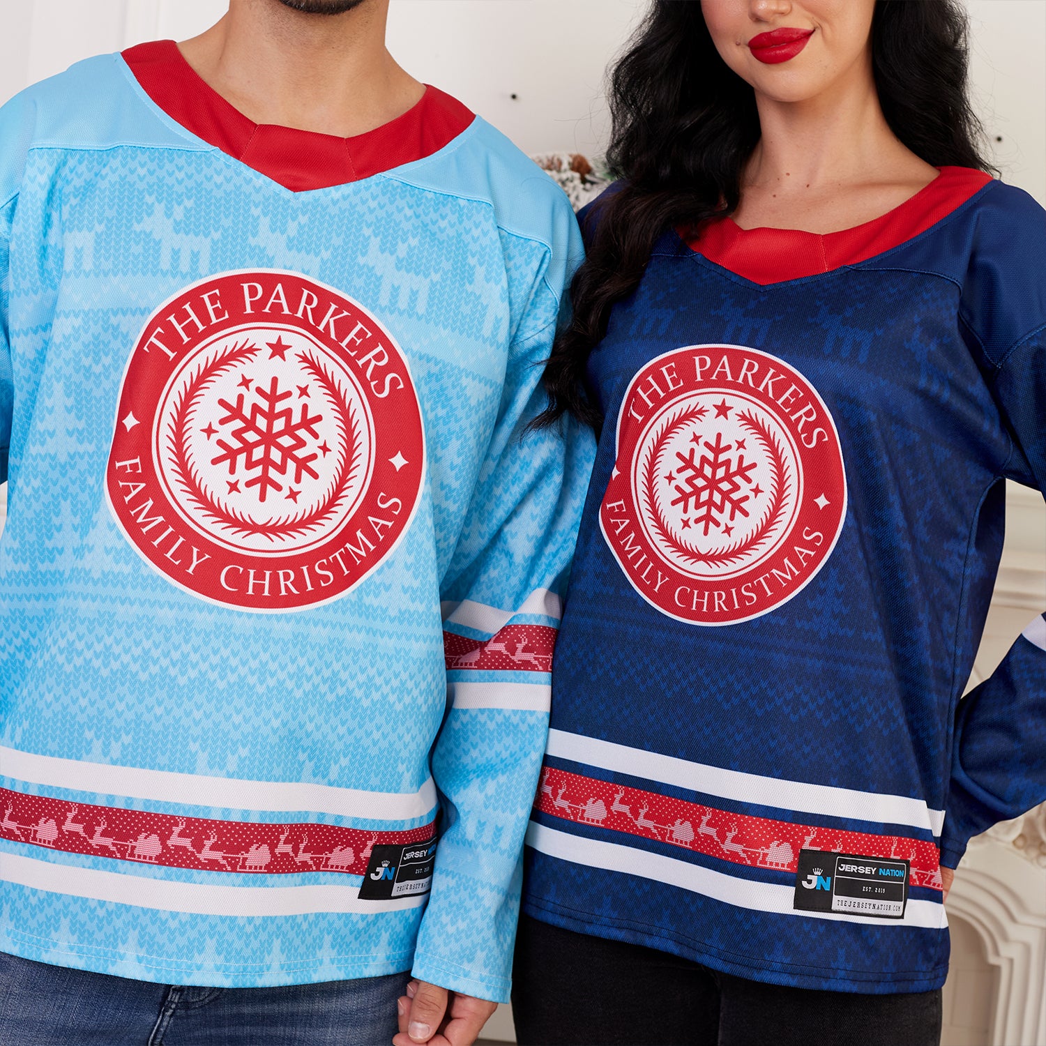 Custom Family Christmas Sweater in Light Blue personalized last name on front, custom name and number on back. holiday matching outfit Hockey Jersey Ugly Christmas Sweater Model Closeups Front