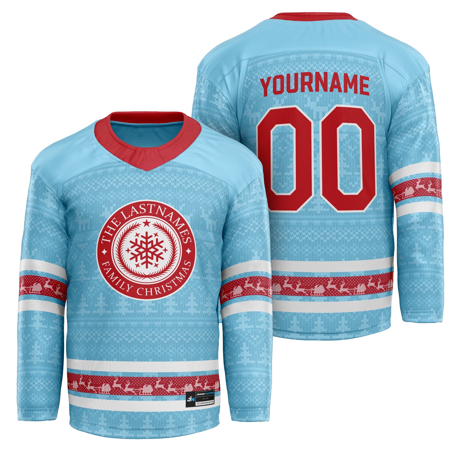Custom Family Christmas Sweater in Light Blue personalized last name on front, custom name and number on back. holiday matching outfit Hockey Jersey Ugly Christmas Sweater 