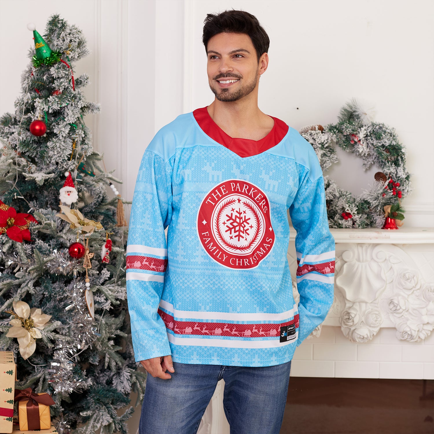 Custom Family Christmas Sweater in Light Blue personalized last name on front, custom name and number on back. holiday matching outfit Hockey Jersey Ugly Christmas Sweater Model