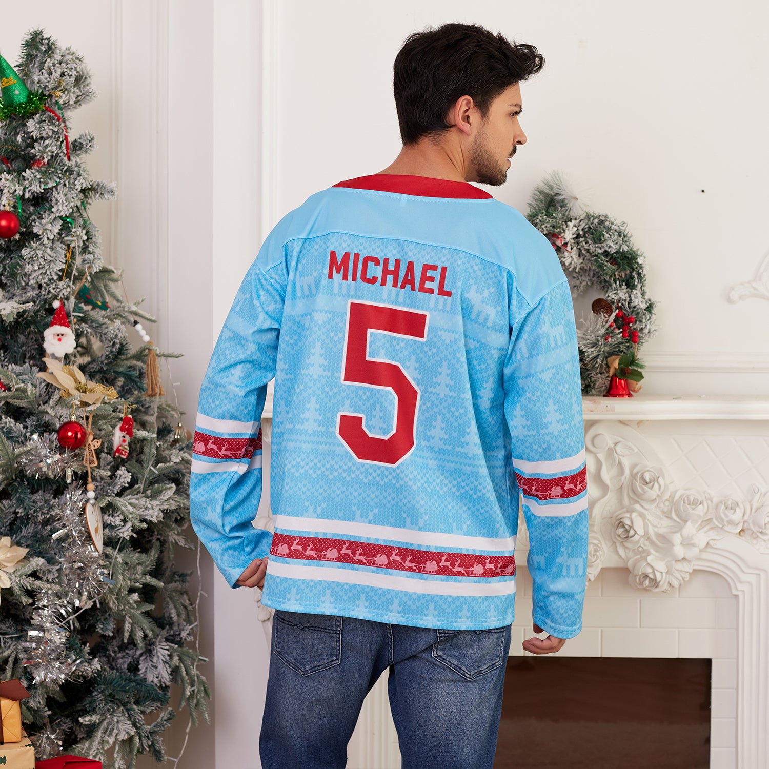 Custom Family Christmas Sweater in Light Blue personalized last name on front, custom name and number on back. holiday matching outfit Hockey Jersey Ugly Christmas Sweater Model Back Customized