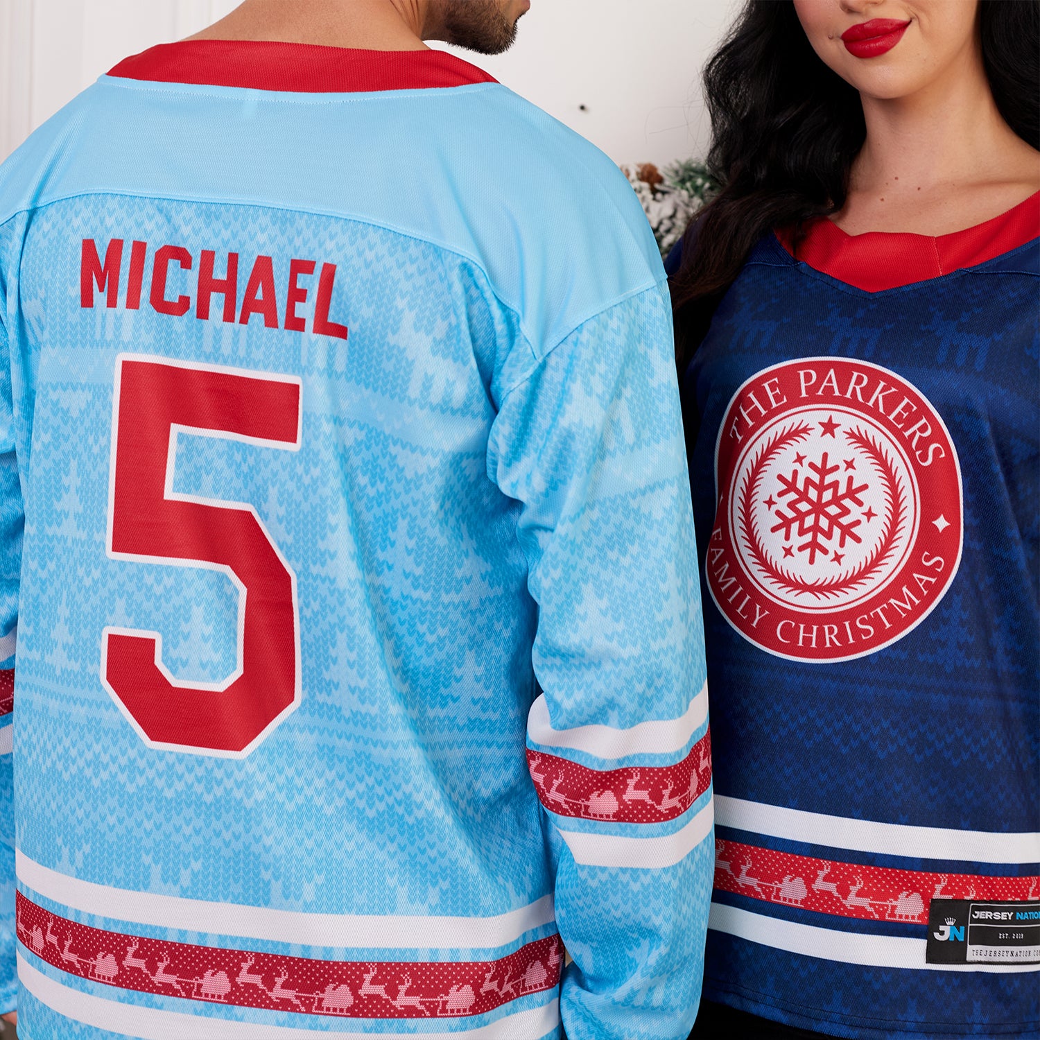 Custom Family Christmas Sweater in Light Blue personalized last name on front, custom name and number on back. holiday matching outfit Hockey Jersey Ugly Christmas Sweater Model Families