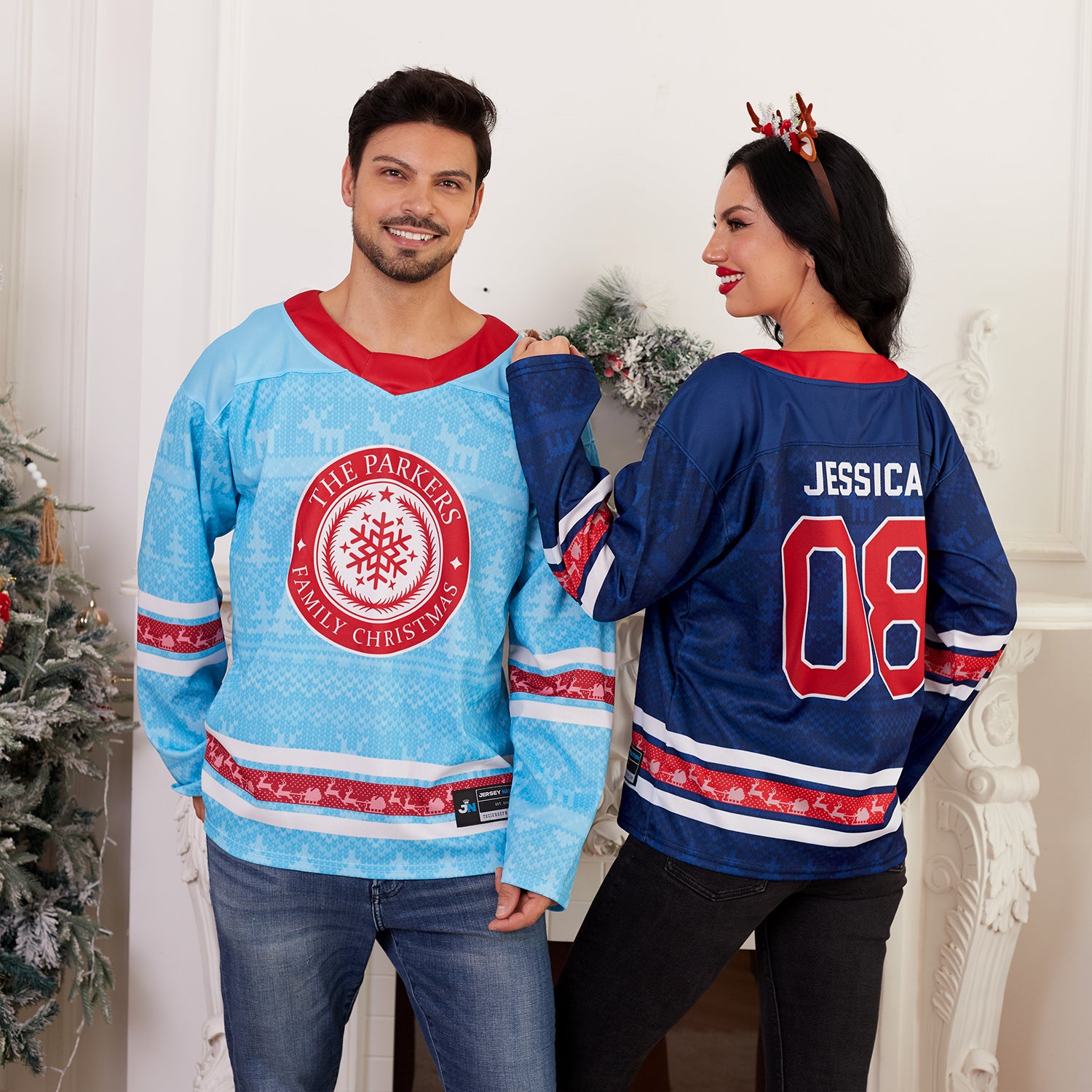 Custom Family Christmas Sweater in Light Blue personalized last name on front, custom name and number on back. holiday matching outfit Hockey Jersey Ugly Christmas Sweater Models