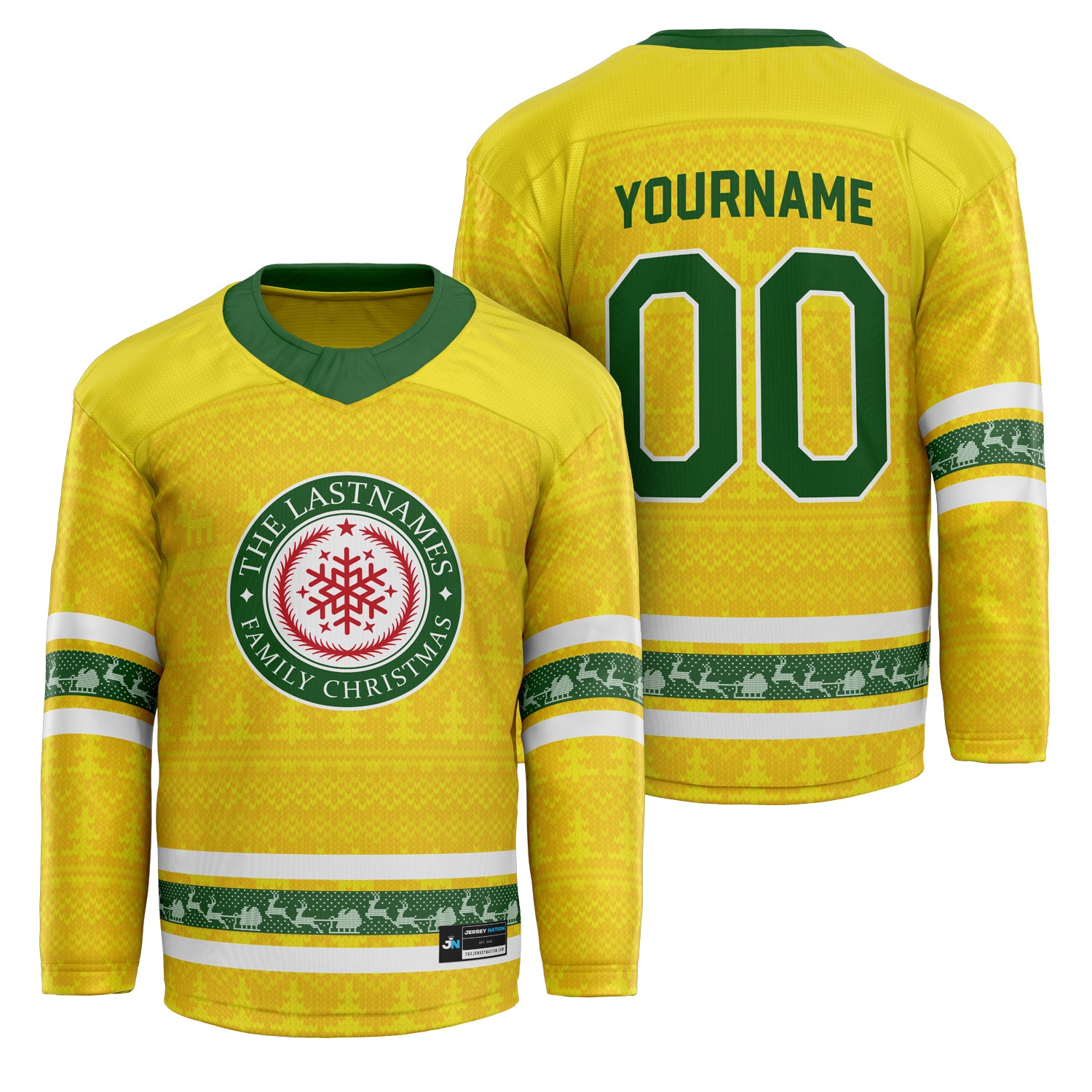 Custom Family Christmas Sweater in Yellow Green personalized last name on front, custom name and number on back. holiday matching outfit Hockey Jersey Ugly Christmas Sweater 