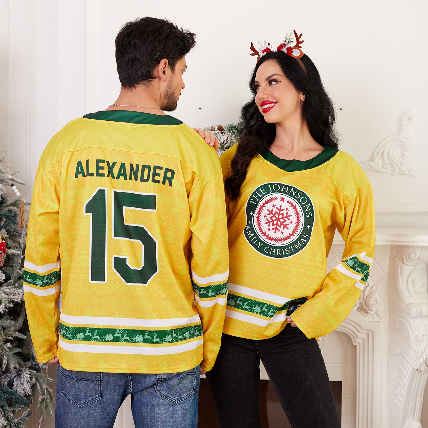 Custom Family Christmas Sweater in Yellow Green personalized last name on front, custom name and number on back. holiday matching outfit Hockey Jersey Ugly Christmas Sweater Families 