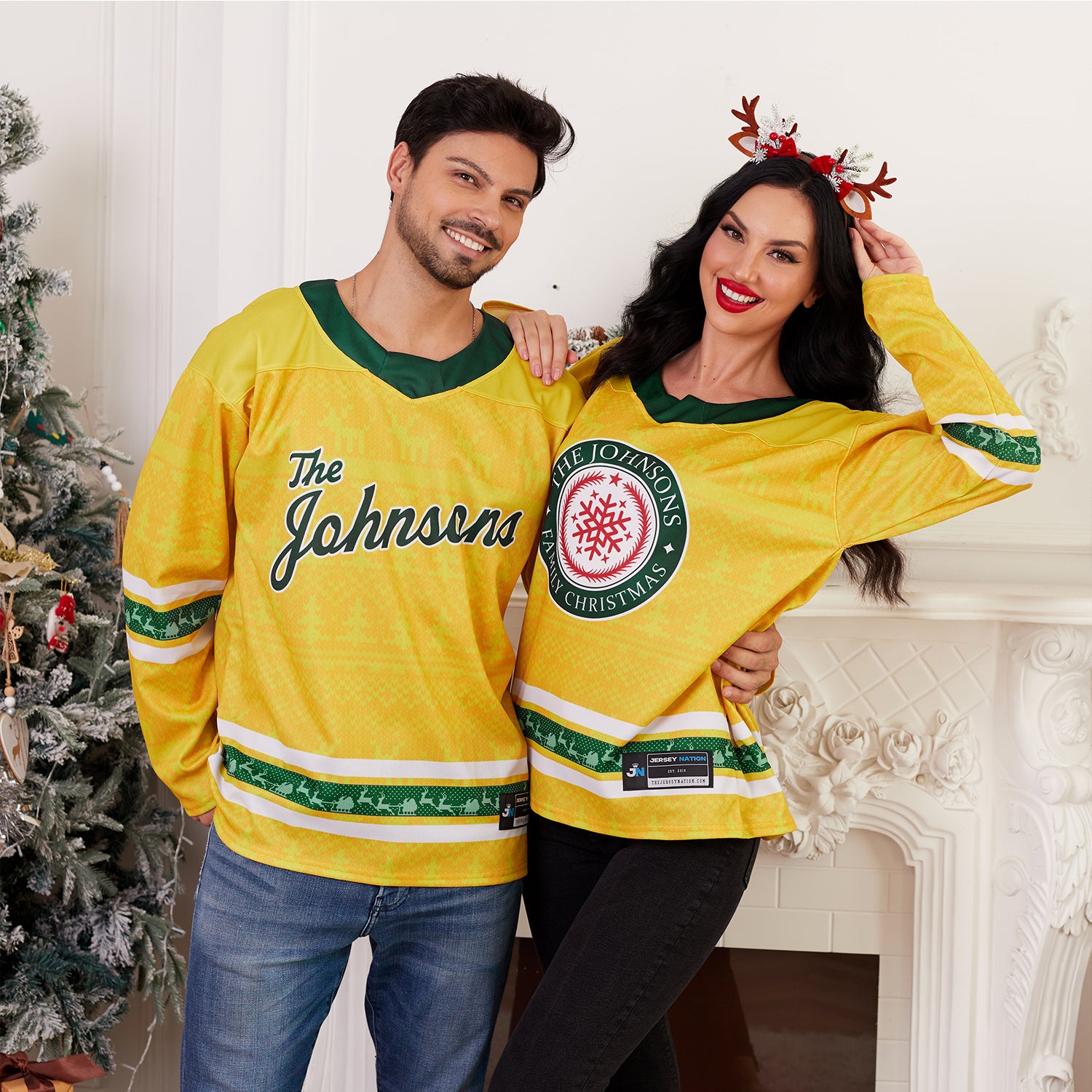 Custom Family Christmas Sweater in Yellow Green personalized last name on front, custom name and number on back. holiday matching outfit Hockey Jersey Ugly Christmas Sweater Models 