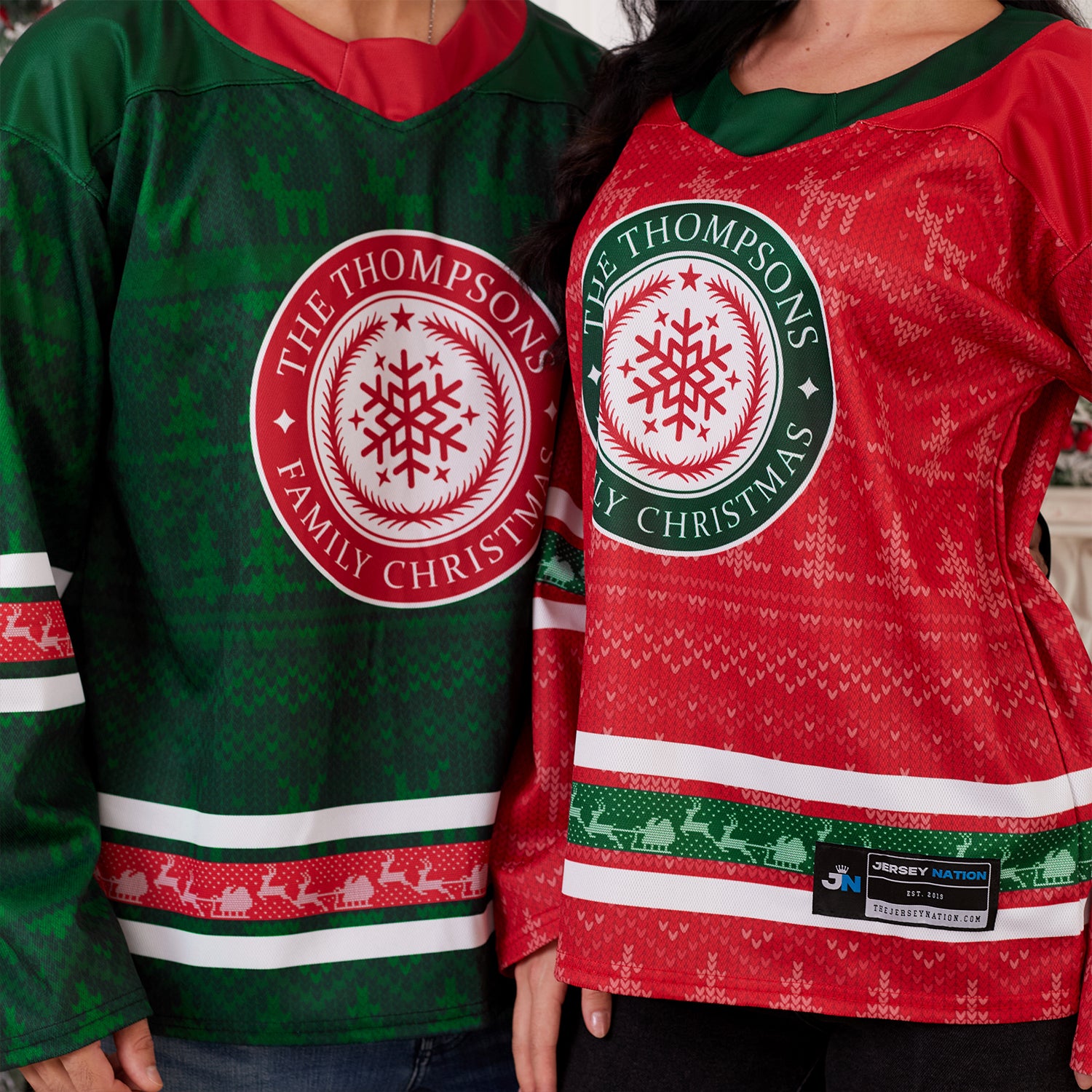 Custom Family Christmas Sweater in red personalized last name on front, custom name and number on back. holiday matching outfit Hockey Jersey Ugly Christmas Sweater Model Closeups
