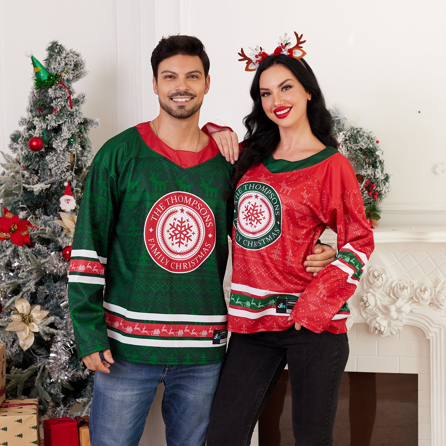 Custom Family Christmas Sweater in red personalized last name on front, custom name and number on back. holiday matching outfit Hockey Jersey Ugly Christmas Sweater Models