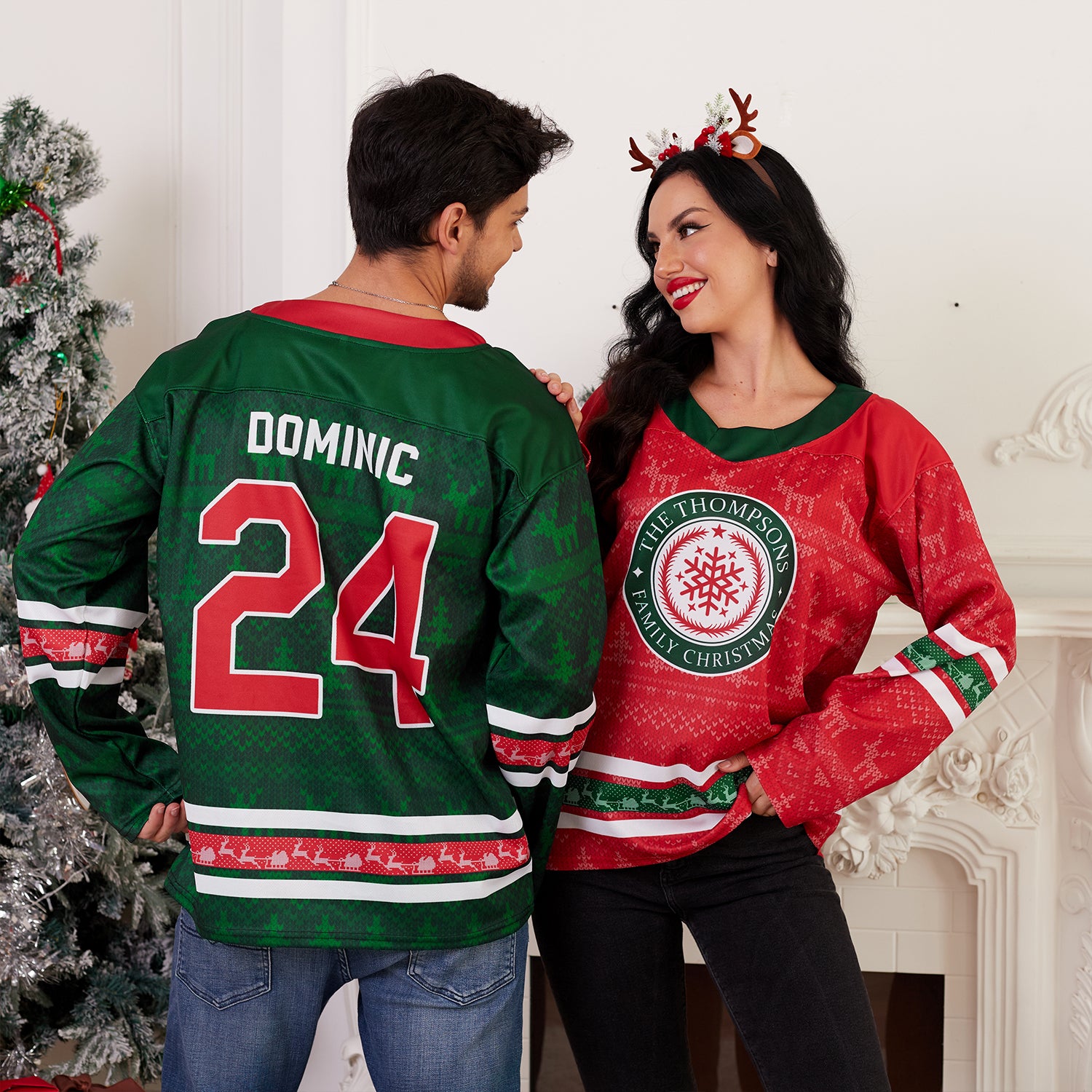 Custom Family Christmas Sweater in red personalized last name on front, custom name and number on back. holiday matching outfit Hockey Jersey Ugly Christmas Sweater Models Styling
