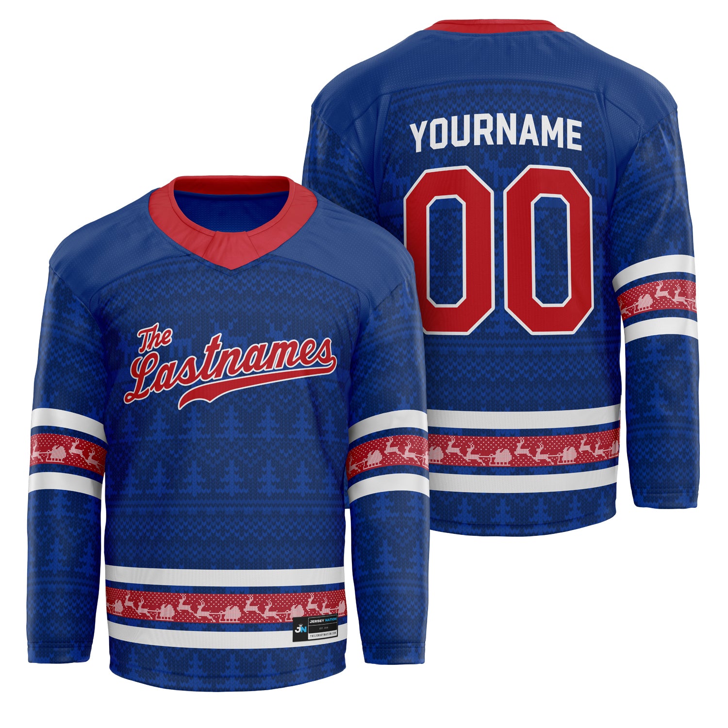 Customized Family Christmas Hockey Jersey in Blue personalized last name on front, custom name and number on back. holiday matching outfit