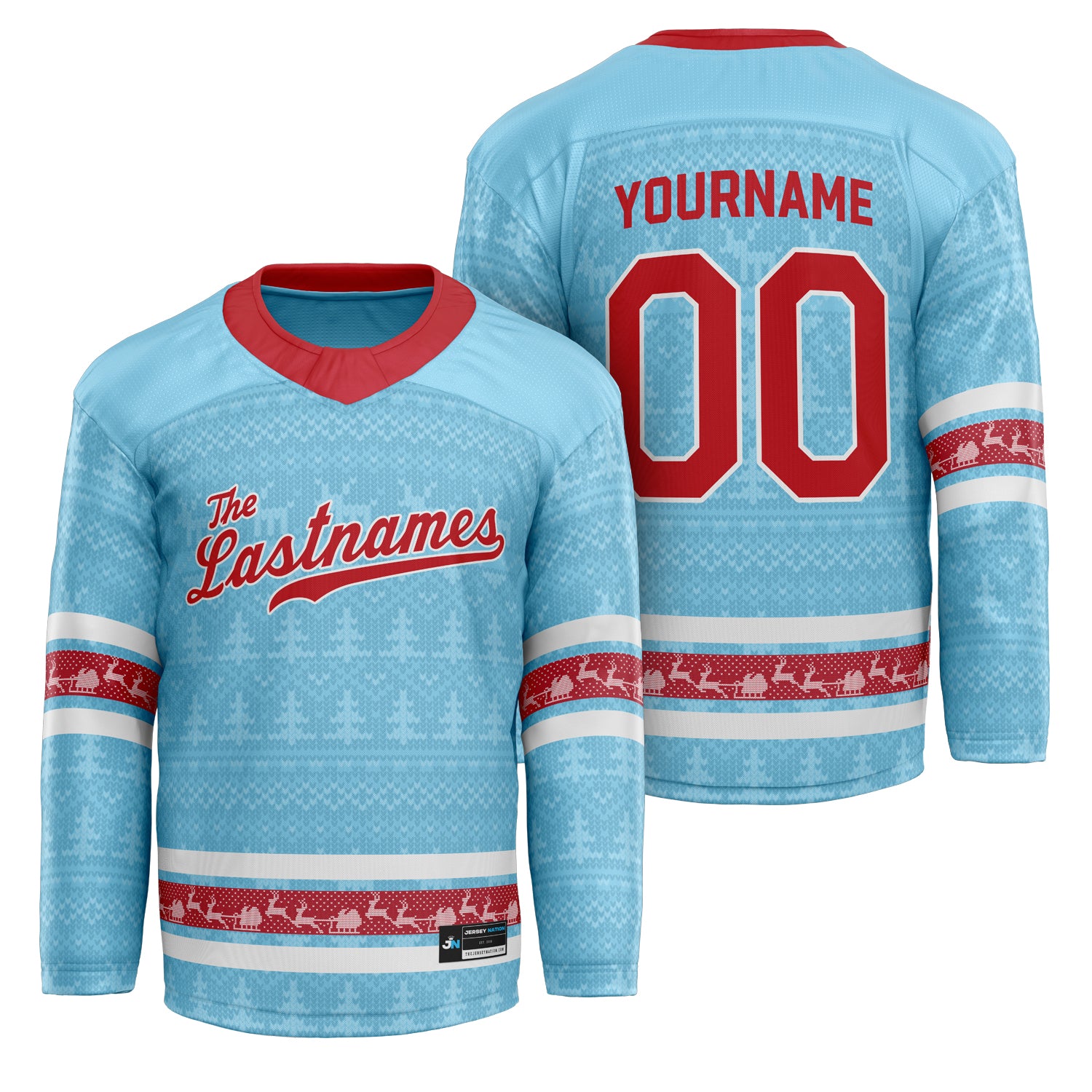 Customized Family Christmas Hockey Jersey in Light Blue personalized last name on front, custom name and number on back. holiday matching outfit