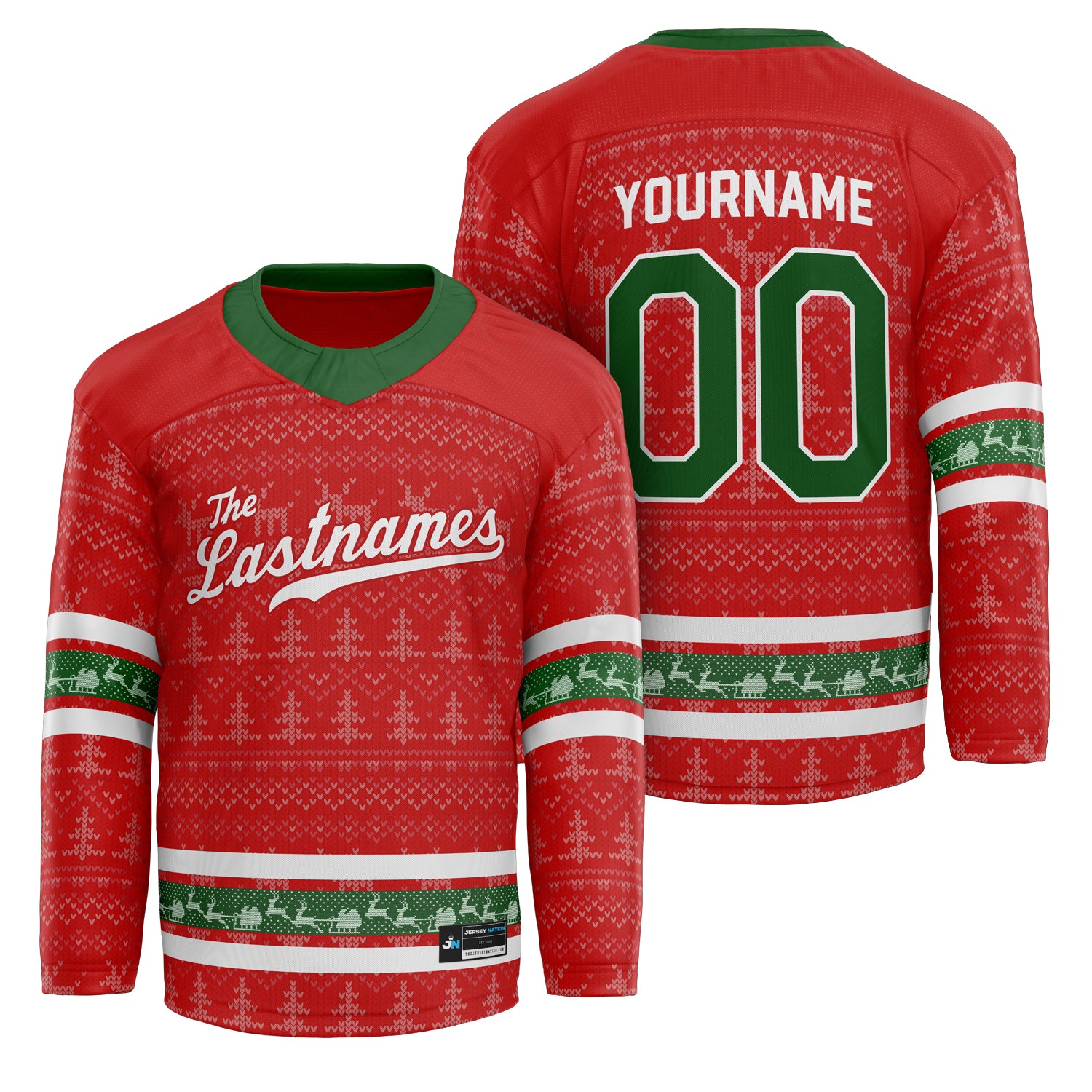 Customized Family Christmas Hockey Jersey in Red personalized last name on front, custom name and number on back. holiday matching outfit