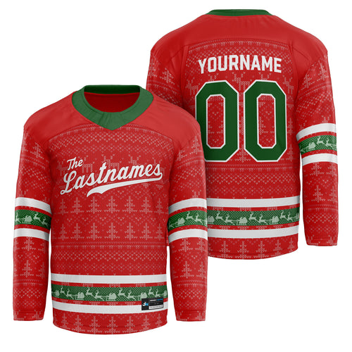 Custom Family Christmas Sweater in red personalized last name on front, custom name and number on back. holiday matching outfit Hockey Jersey Ugly Christmas Sweater 