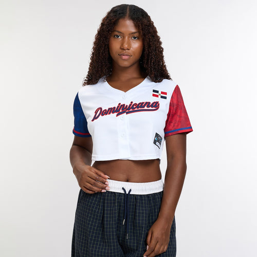Dominican Republic Heritage Cropped Baseball Jersey White - Front Model || Model is 5’8” 143 lbs wearing S