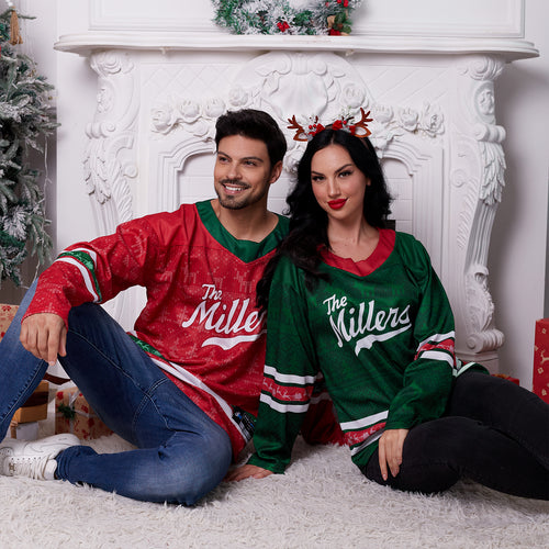 Custom Family Christmas Sweater in red and green personalized last name on front, custom name and number on back. holiday matching outfit Hockey Jersey Ugly Christmas Sweater 